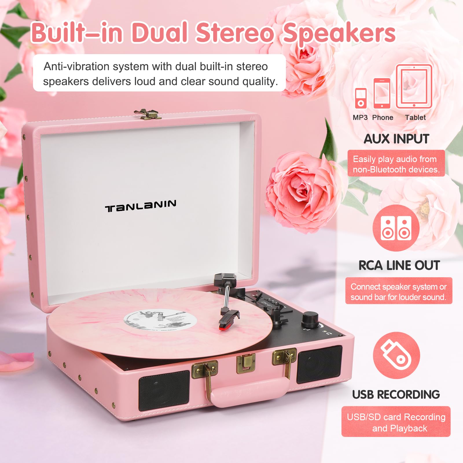Vintage Suitcase Record Player   3 Speed Bluetooth Portable Turntable With Usb Recording, Mp3 Converter Rca/Aux/Headphone Jack,P