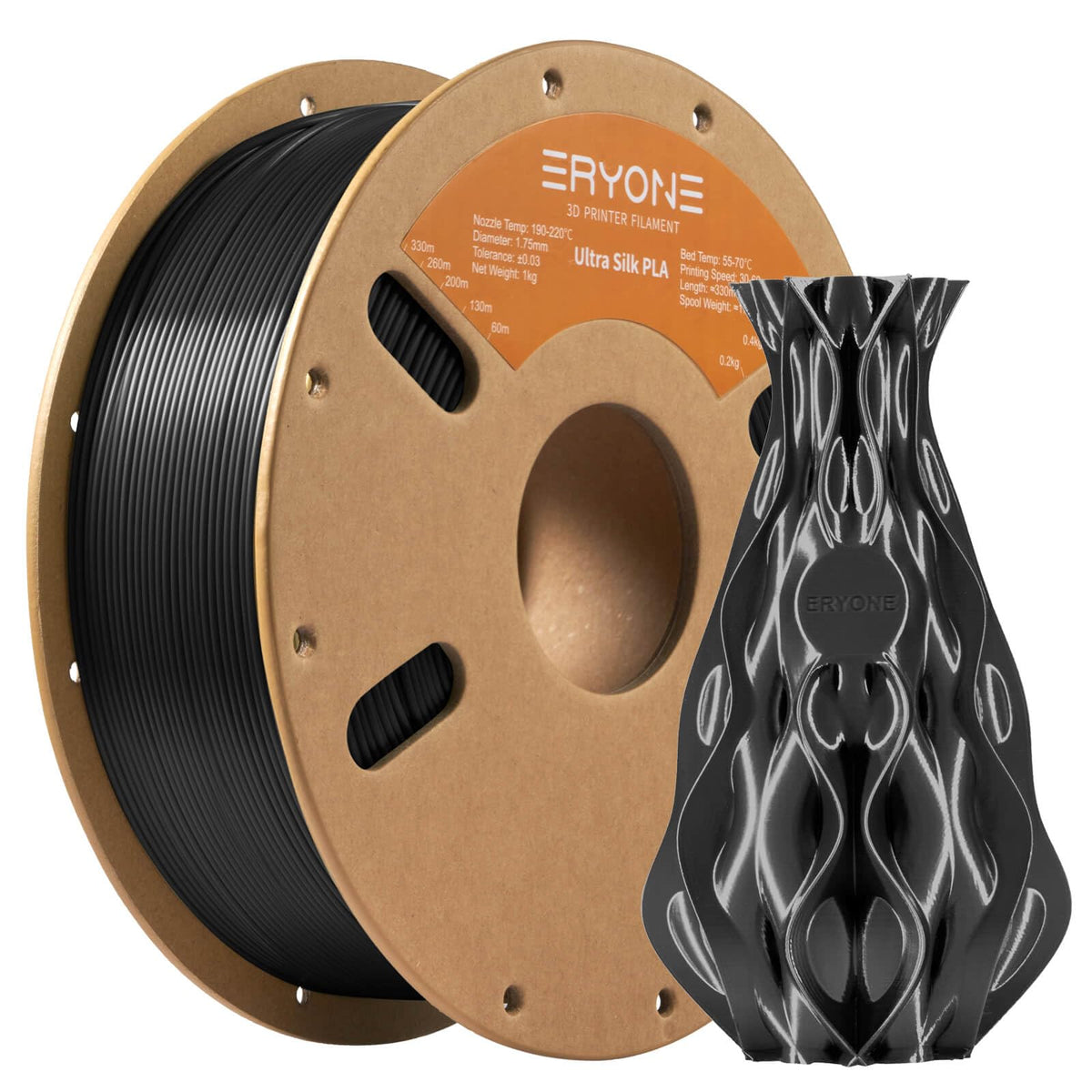 Eryone Ultra Silk Pla Filament For 3D Printer, 1.75Mm +/  0.03Mm, 1Kg (2.2Lbs)/Spool, Ultra Silk Black