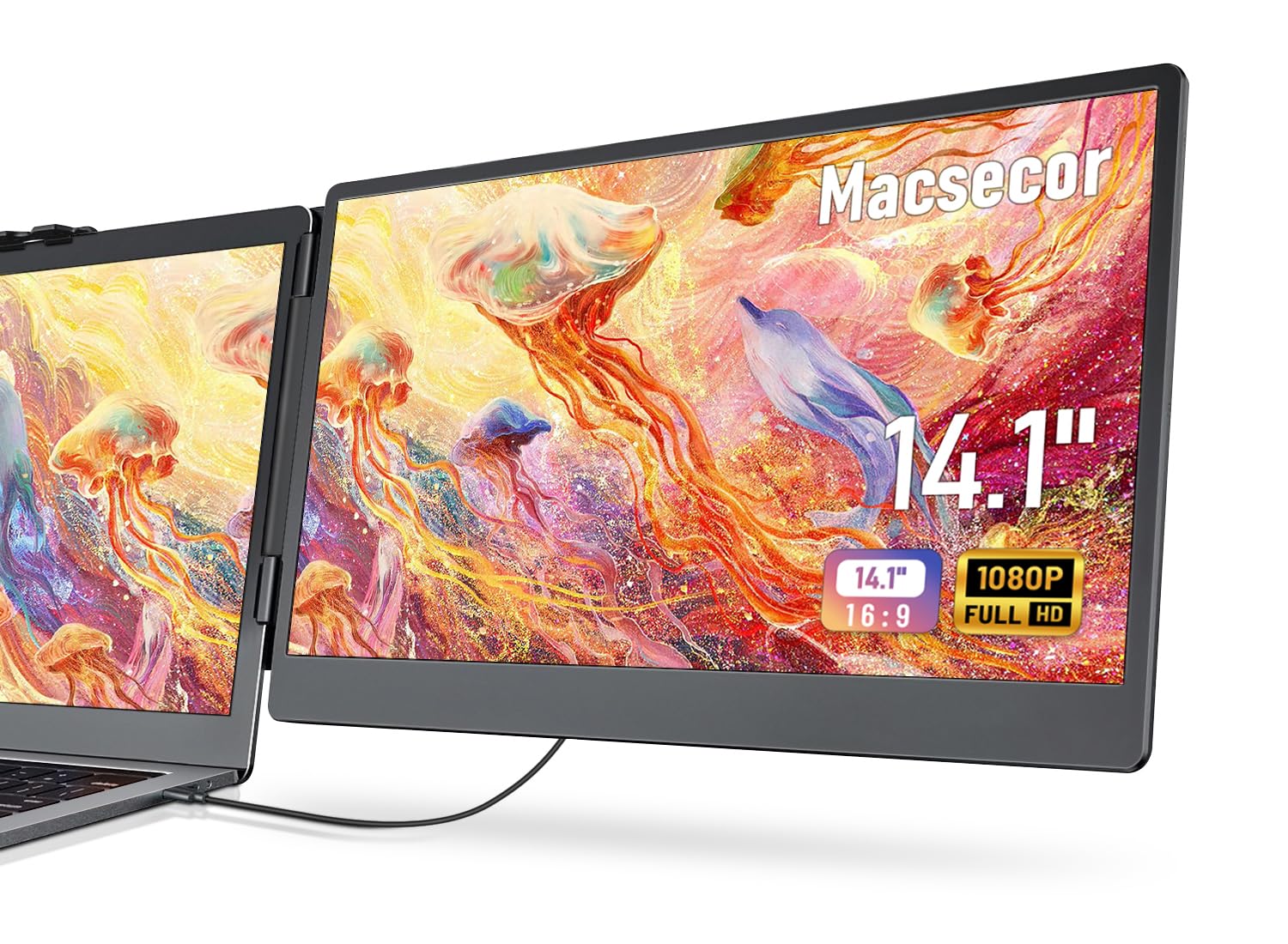 Macsecor 14.1'' Laptop Screen Extender, 1080P Fhd Portable Monitor For Laptop Usb C Hdmi, Plug Play Laptop Monitor Extender For