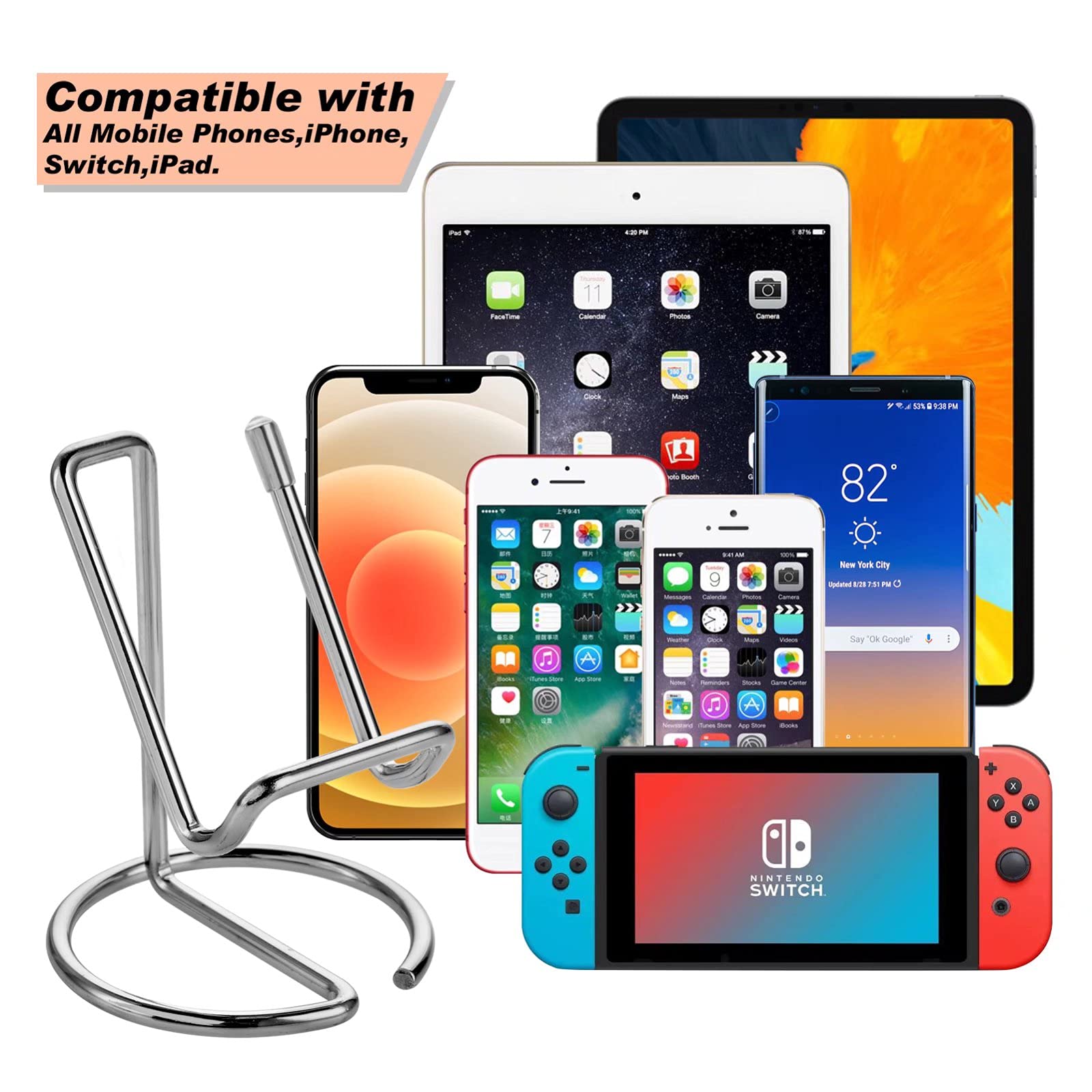 Roposy Cell Phone Stand For Desk, Cute Metal Silver Cell Phone Stand Holder Desk Accessories, Compatible With All Mobile Phones,