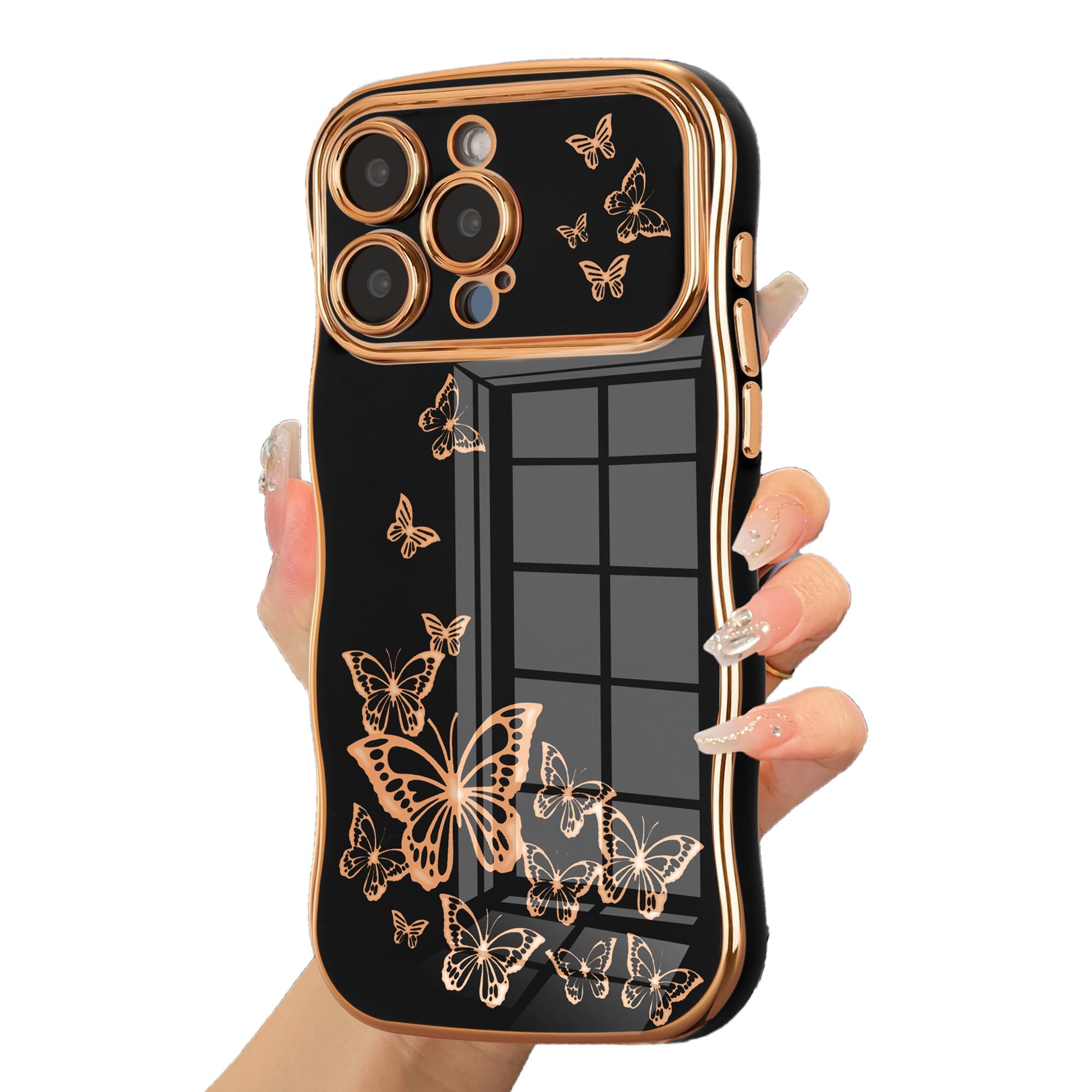 Ztofera For Iphone 15 Pro Max Case For Girl Women, Cute Curly Wave Frame With Luxury Plating Butterfly Pattern, Soft Tpu Shockpr