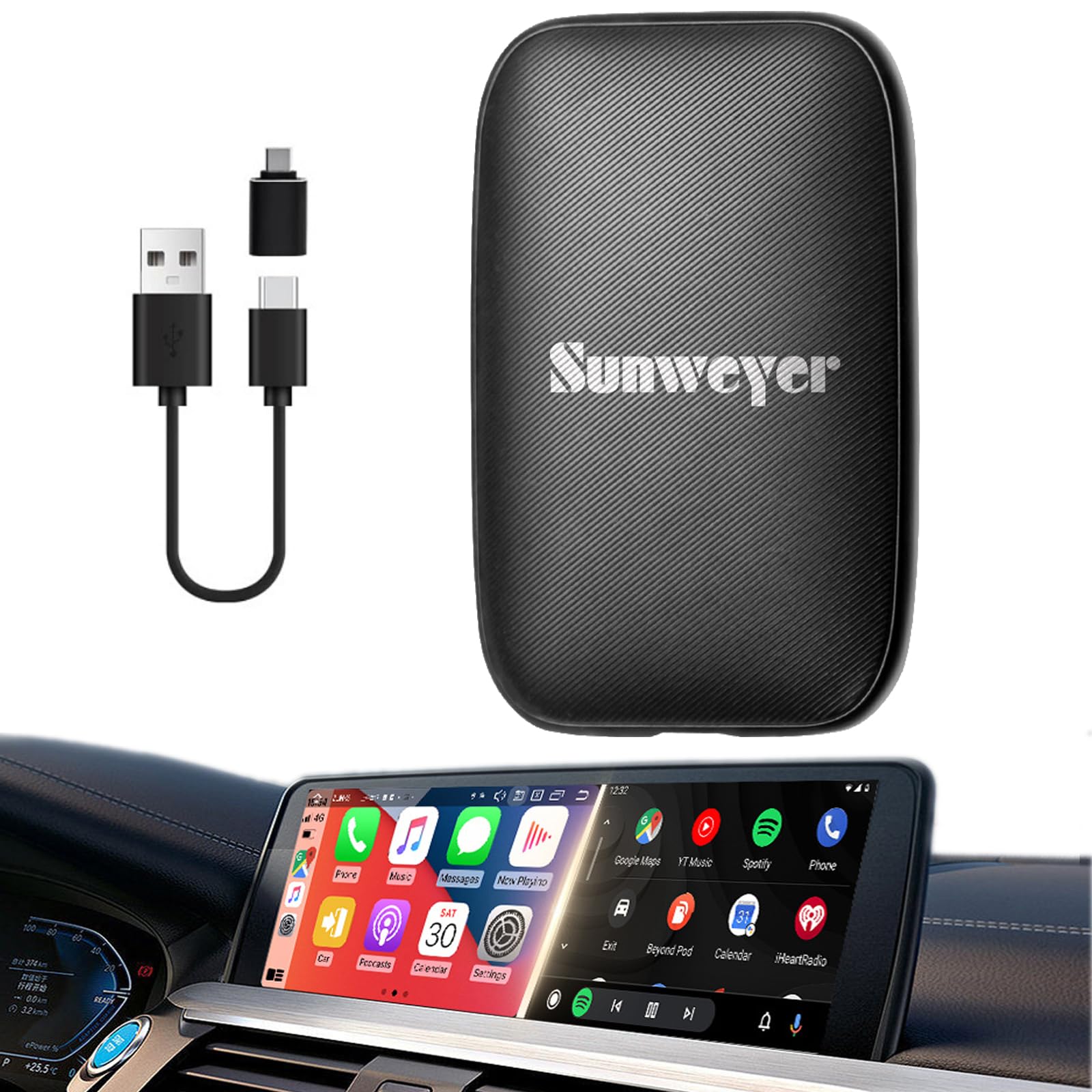 Sunweyer Wireless Carplay & Android Auto Adapter With Built In Netflix Youtube Compatible With Factory Wired Carplay Cars To Wir