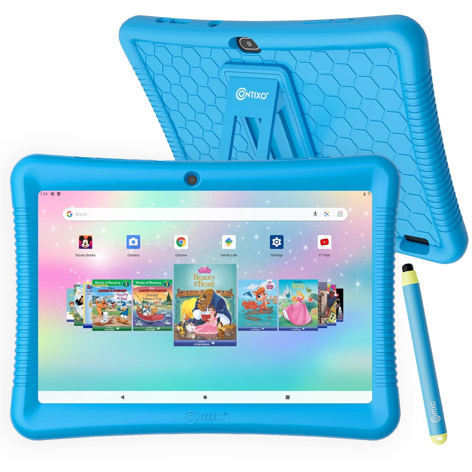 Contixo 10' Android Kids Tablet 32Gb, Includes 80+ Disney Storybooks & Stickers, Parental Controls, Kid Proof Case With Kickstand & Stylus, (2024 Model)   Blue