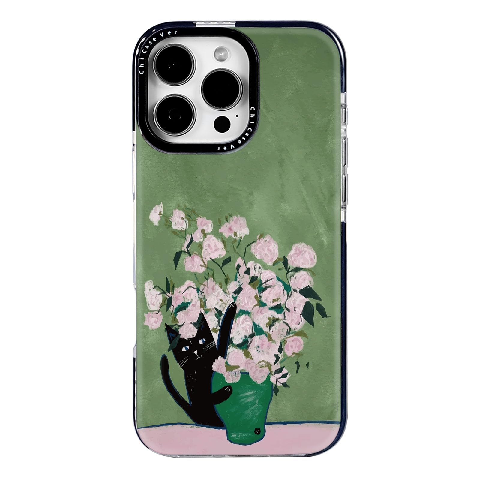 ChiCaseVer for iPhone 16 Pro Case, Whimsical Black Cat with Aesthetic Pink Roses Floral, Cute Soft Slim TPU Compatible with MagS