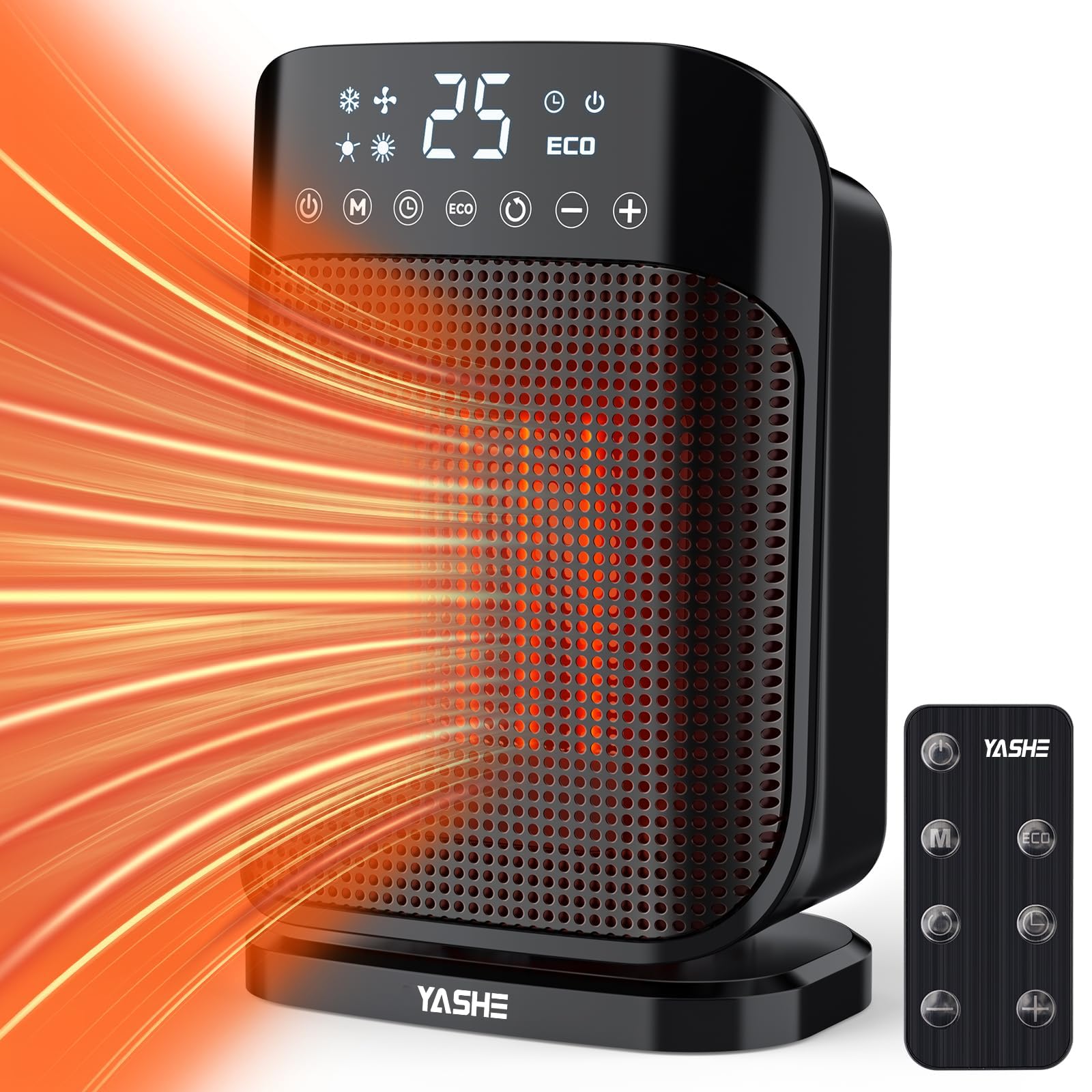 Yashe Space Heaters For Indoor Use, 1500W Portable Heater With Thermostat And Remote, 24H Timer, 75Oscillation, Eco Mode, Digita