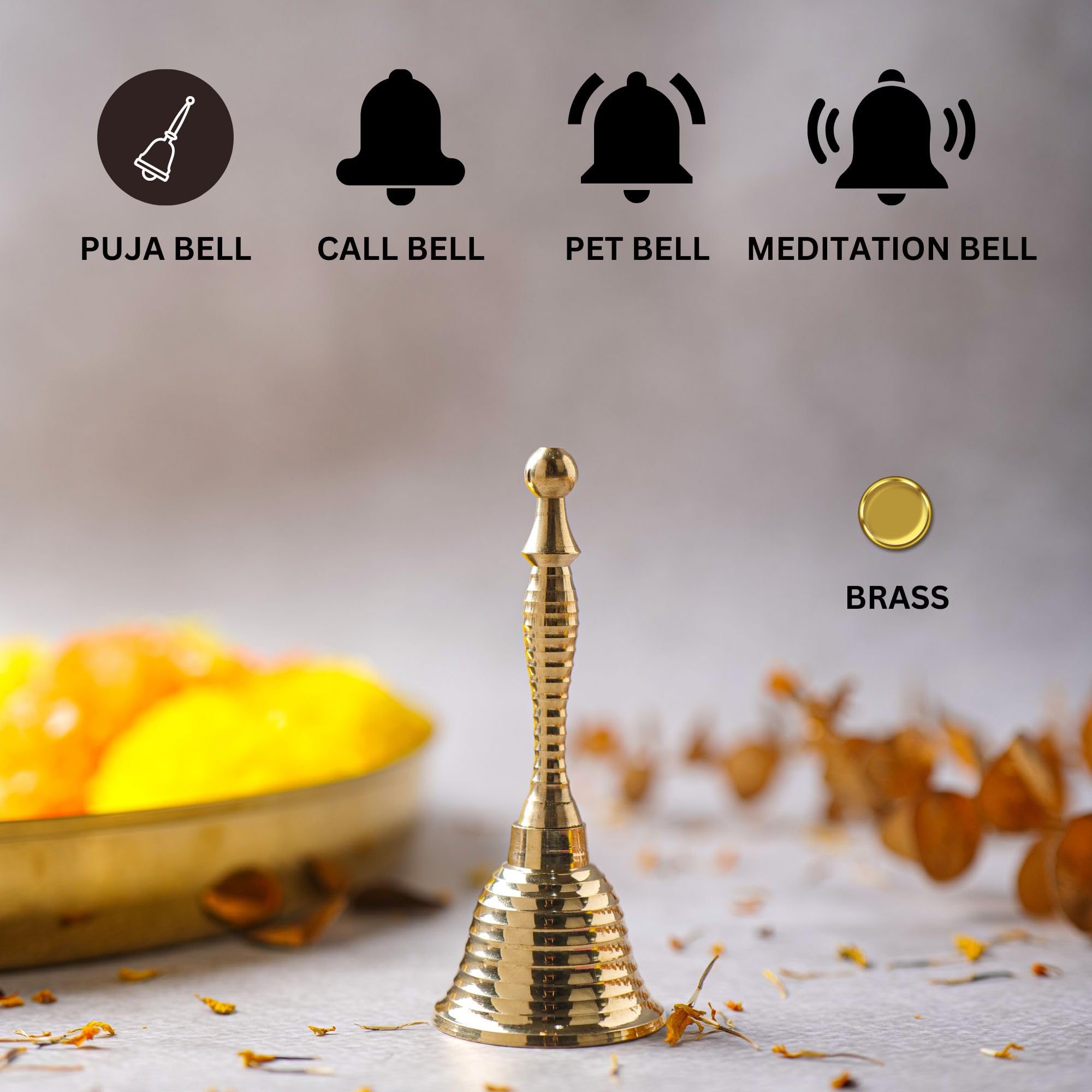 Super Loud Solid Brass Hand Bell Call Bell Wedding Bells   Puja Bell For Mandir, Indian Pooja Ghanti   Christmas Bells | 4 Inch