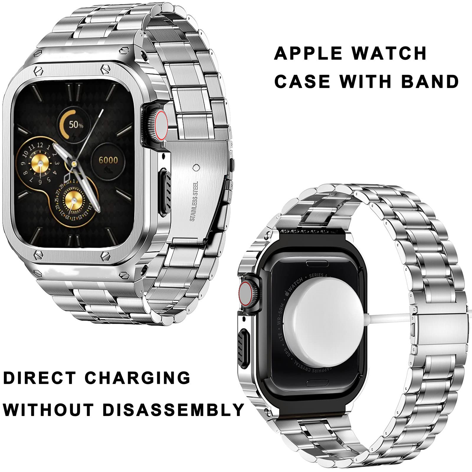 Haslfm Stainless Steel Watch Band With Case Compatible With Apple Watch Series 9/8/7(45Mm),Metal Strap And Rugged Protective Cov