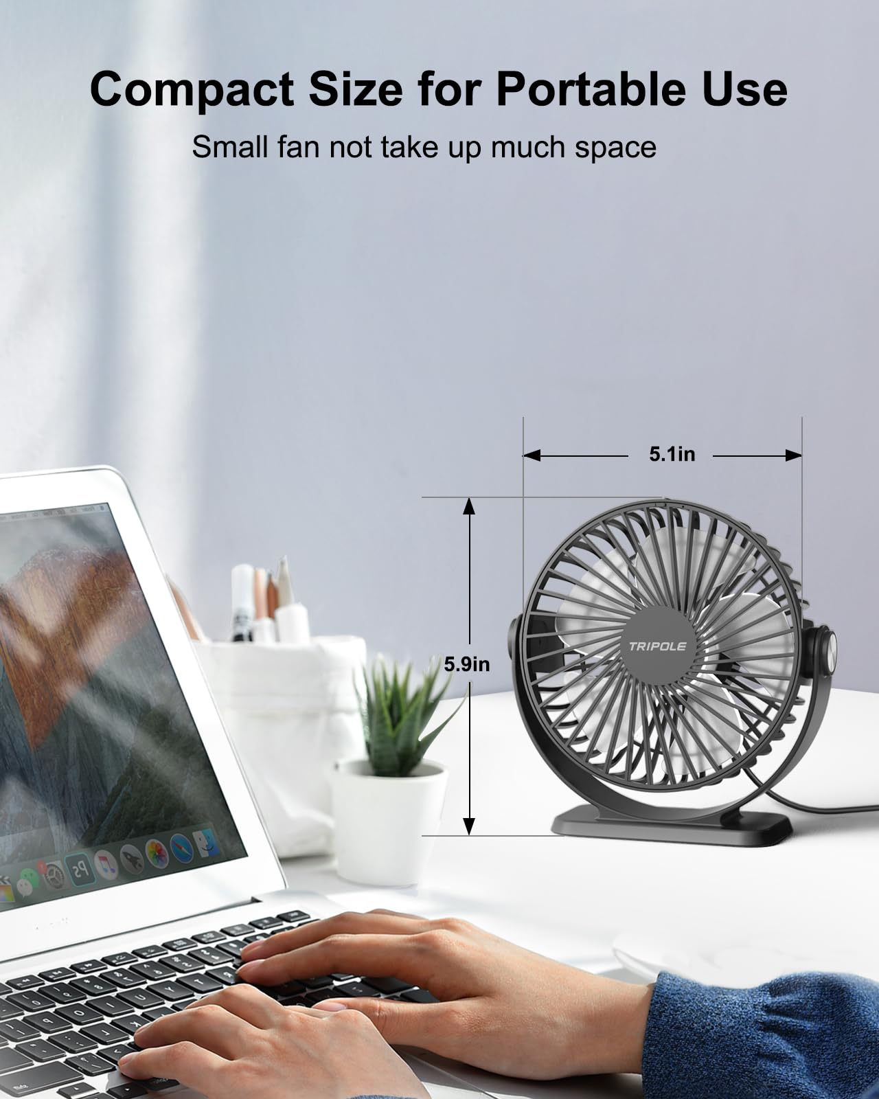 Tripole Small Desk Fan Usb Powered Portable Fan 3 Speeds Strong Airflow Mini Fan 360Rotation Personal Fan 5.1 Inch Table Fan For