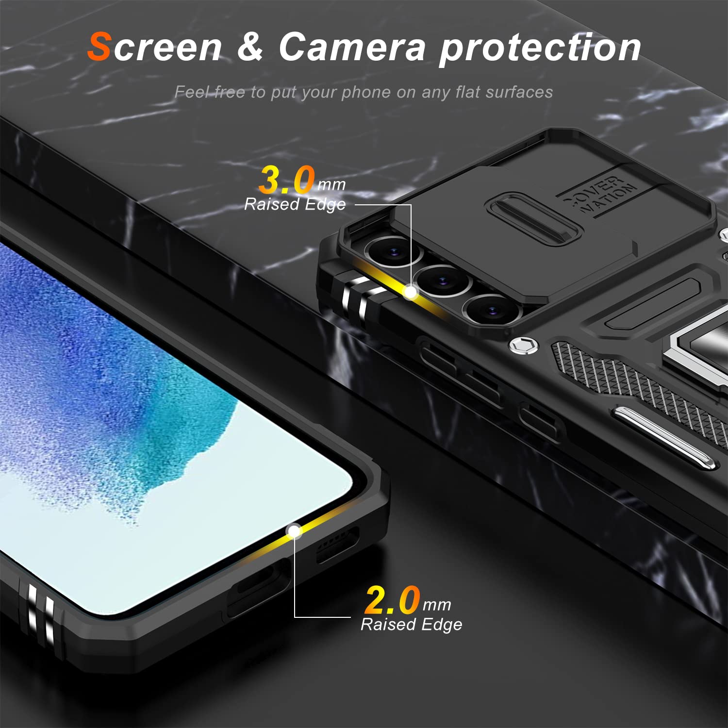 LUMARKE Galaxy S21 FE Phone Case with Camera Cover Kickstand Military Grade Protection Black