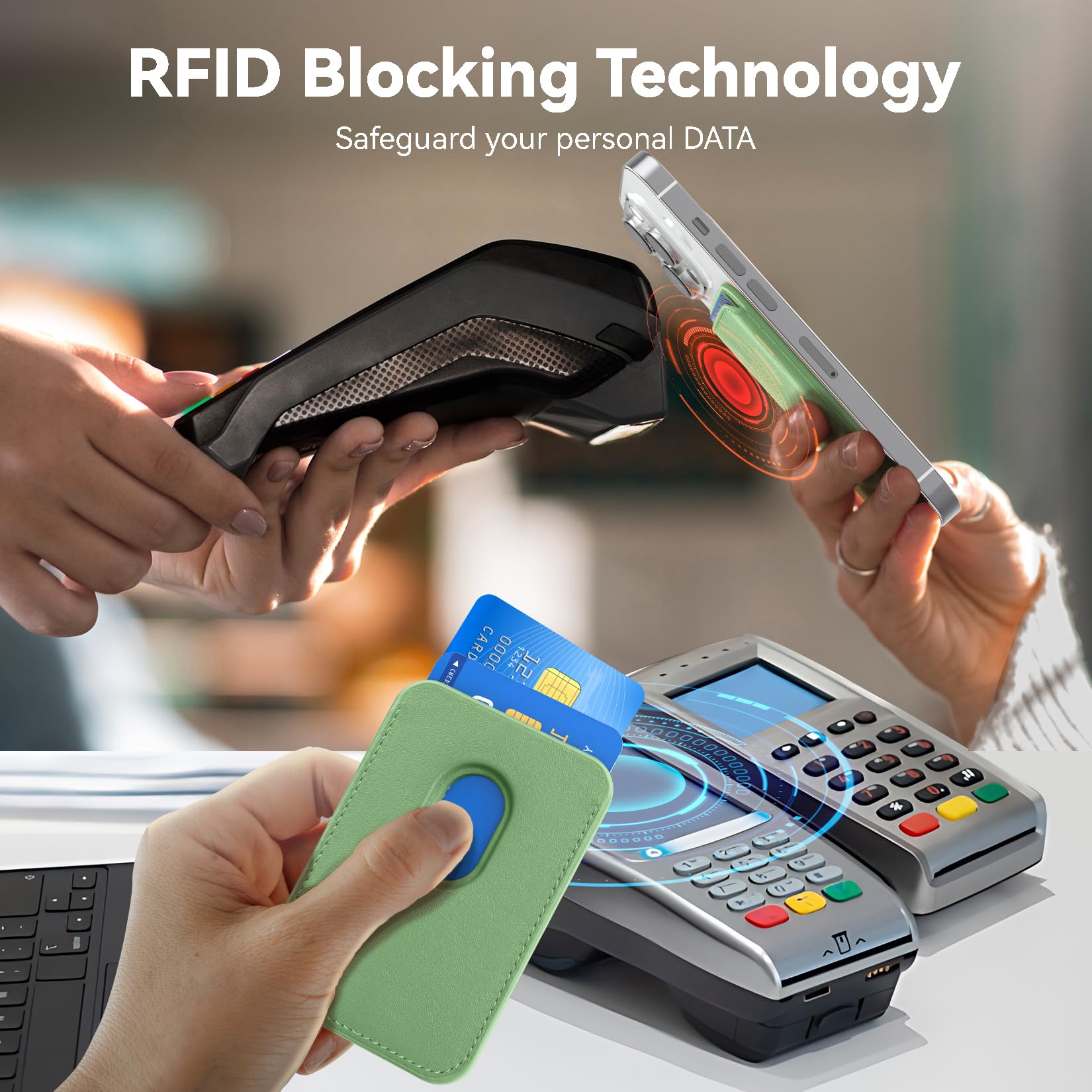 Amzone Stronger Magnetic Rfid Leather Mag Safe Card Holder For Iphone 15 Series, Light Green