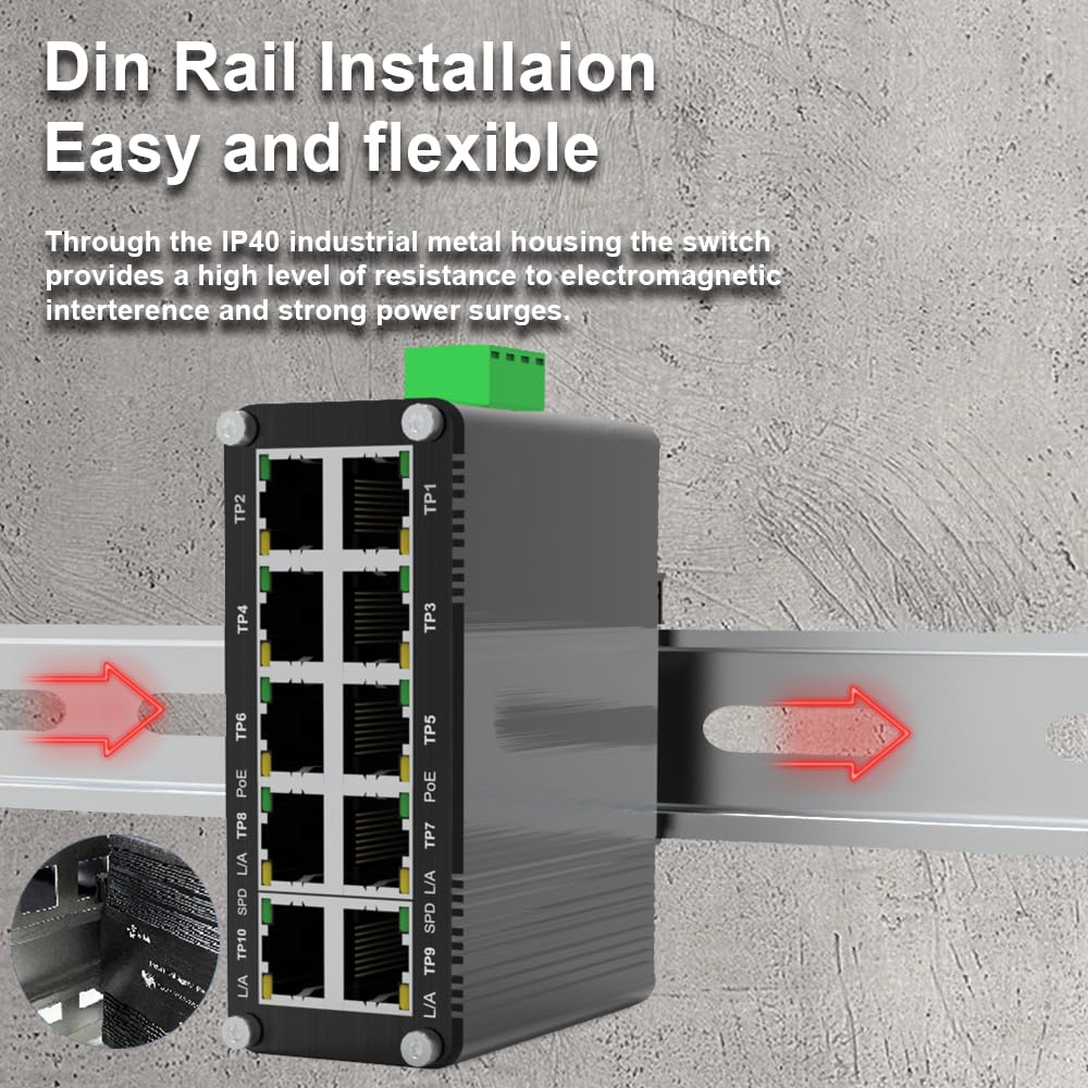 Mini Industrial 8 Port 10/100/1000T 802.3At Poe + 2 Port 10/100/1000T Din Rail Mount Compact Ethernet Switch, 48~57V Dc Unmanage