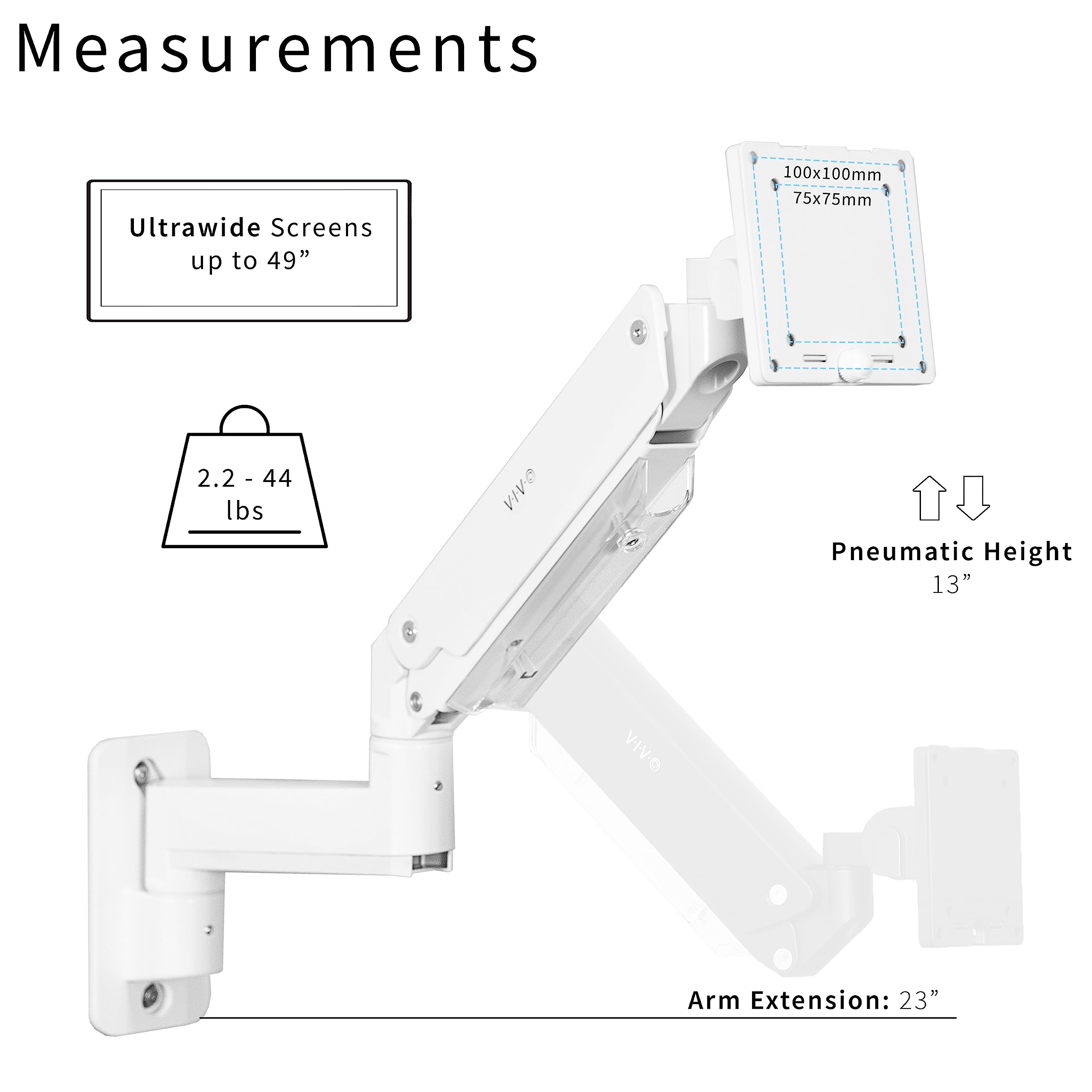 VIVO Premium Aluminum Heavy Duty Monitor Arm for Ultrawide Screens up to 49 inches and 44 lbs, Single Wall Mount, Pneumatic Height, Max VESA 100x100, White, MOUNT V101G1W