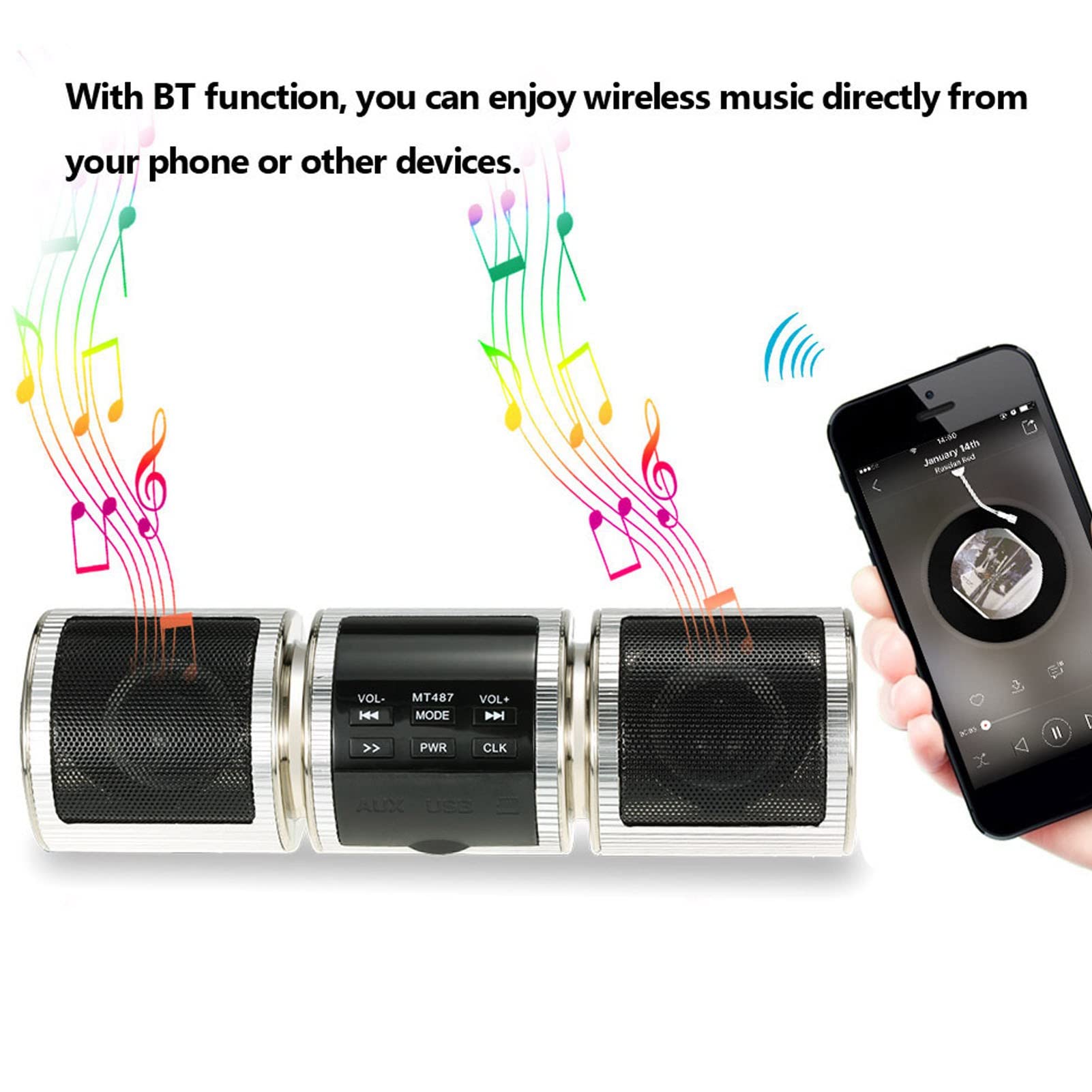 Bluetooth Motorcycle Stereo Speaker, 7/8-1.25In Handlebar Mount Mp3 Music Player Audio Amplifier System, Motorcycle Speaker Soun