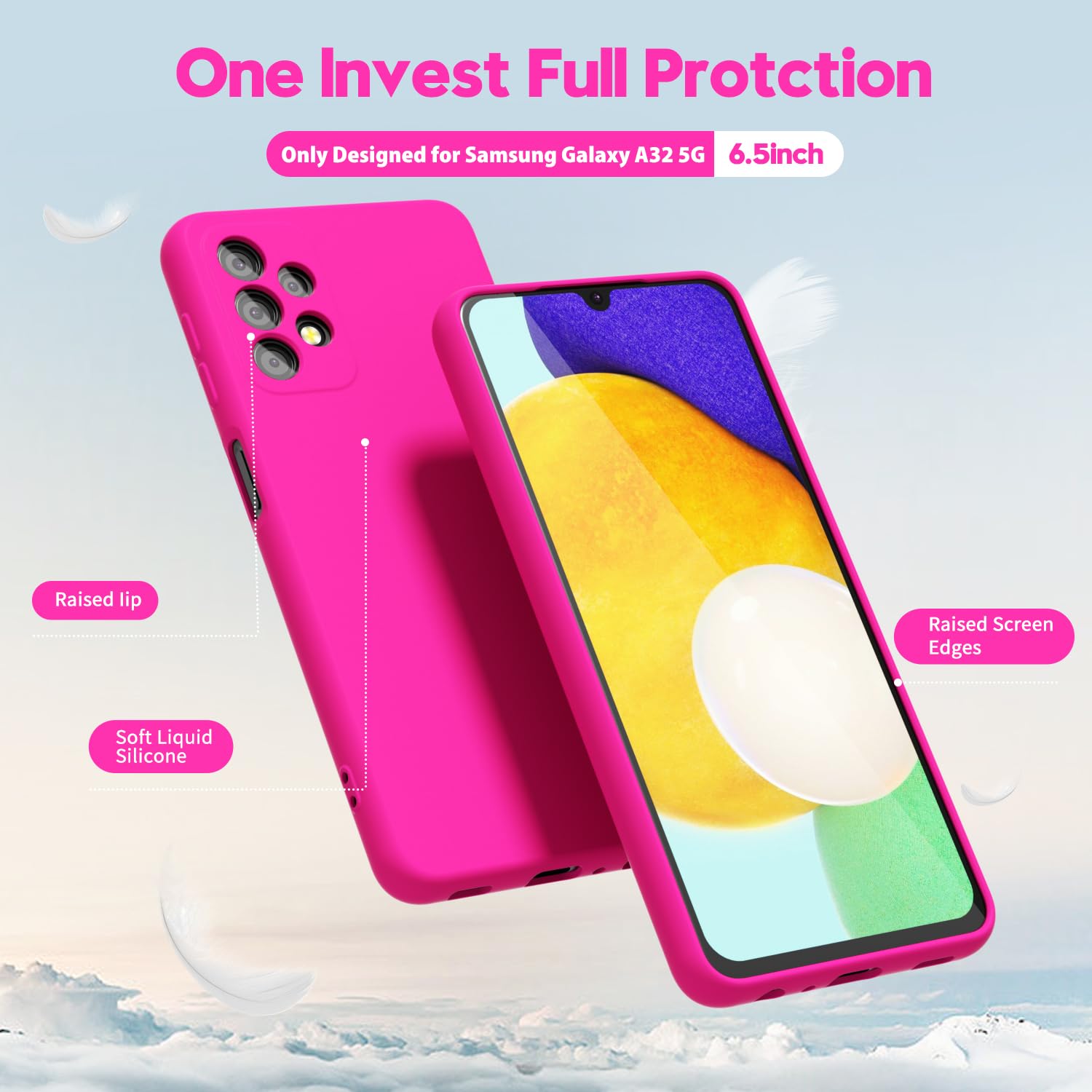 Oakxco For Samsung Galaxy A32 5G Phone Case Liquid Silicone, Fluorescent Bright Solid Color, Cute Thin Slim Soft Rubber Tpu Plai