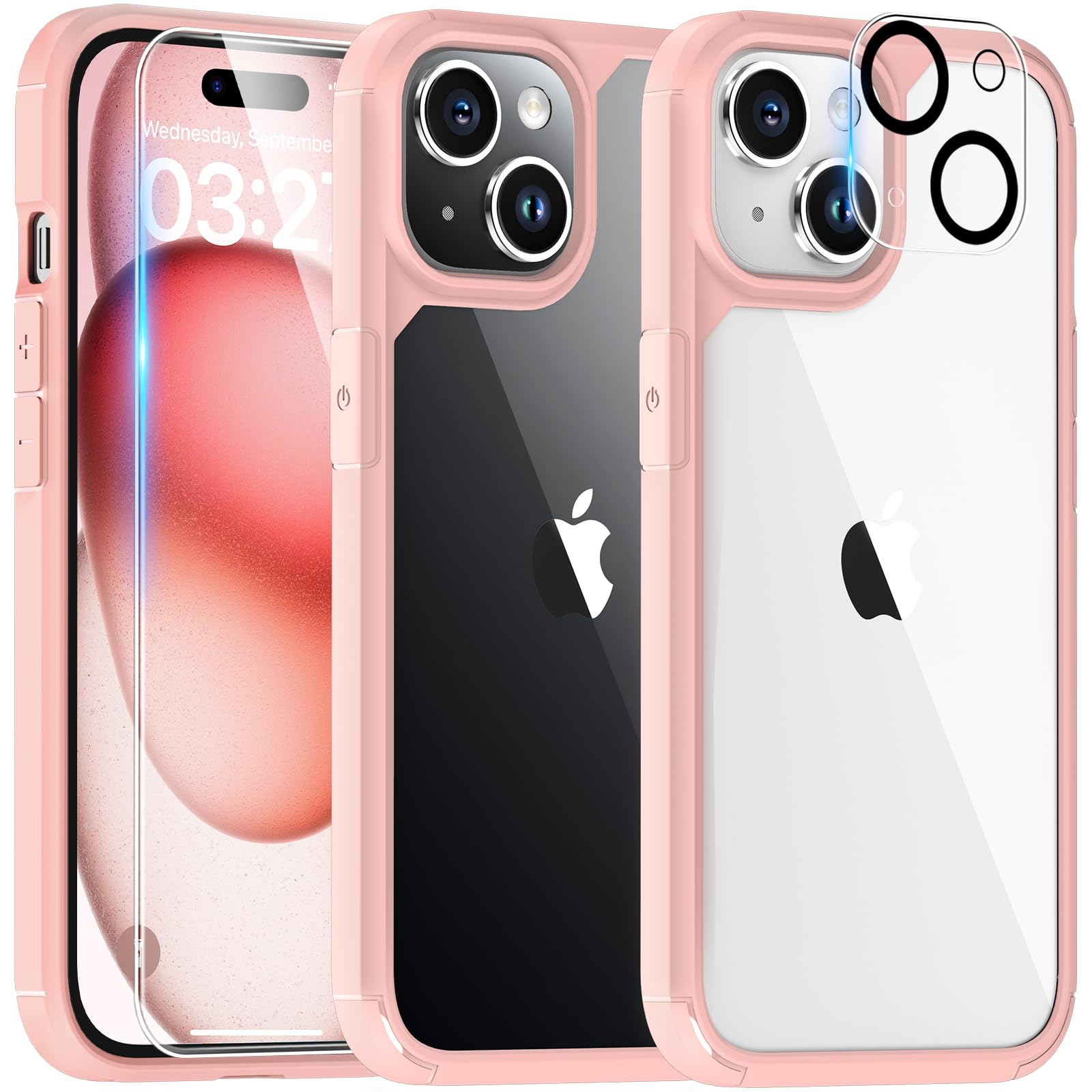 Tauri 5 In 1 Designed For Iphone 15 Plus Case, [Not Yellowing] With 2X Tempered Glass Screen Protector + 2X Camera Lens Protecto