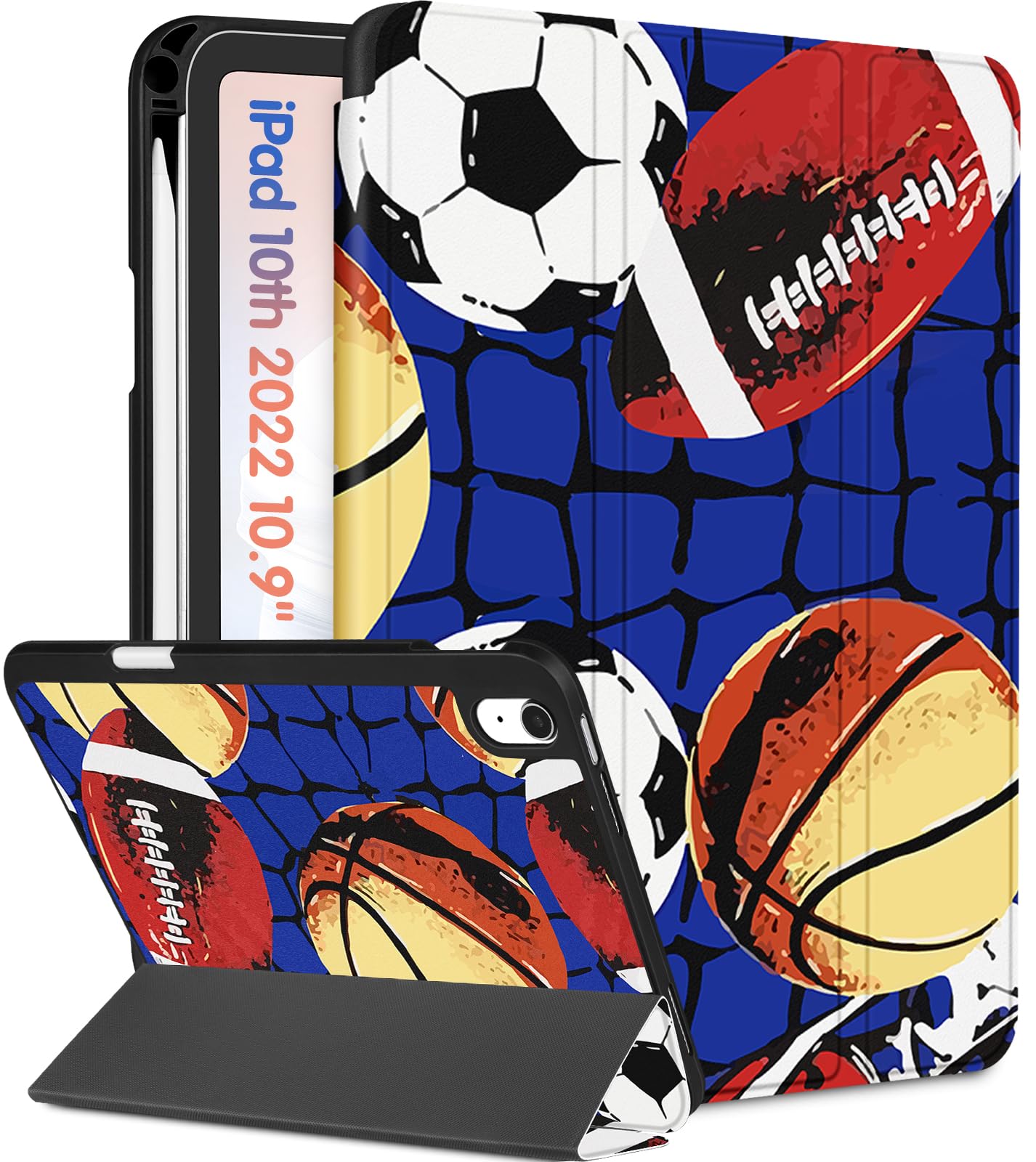 Wazzasoft For Apple Ipad 10Th Generation Case 10.9 Inch Cute Men Boys Kids Folio Cover Teens Basketball Design Unique Cool Penci