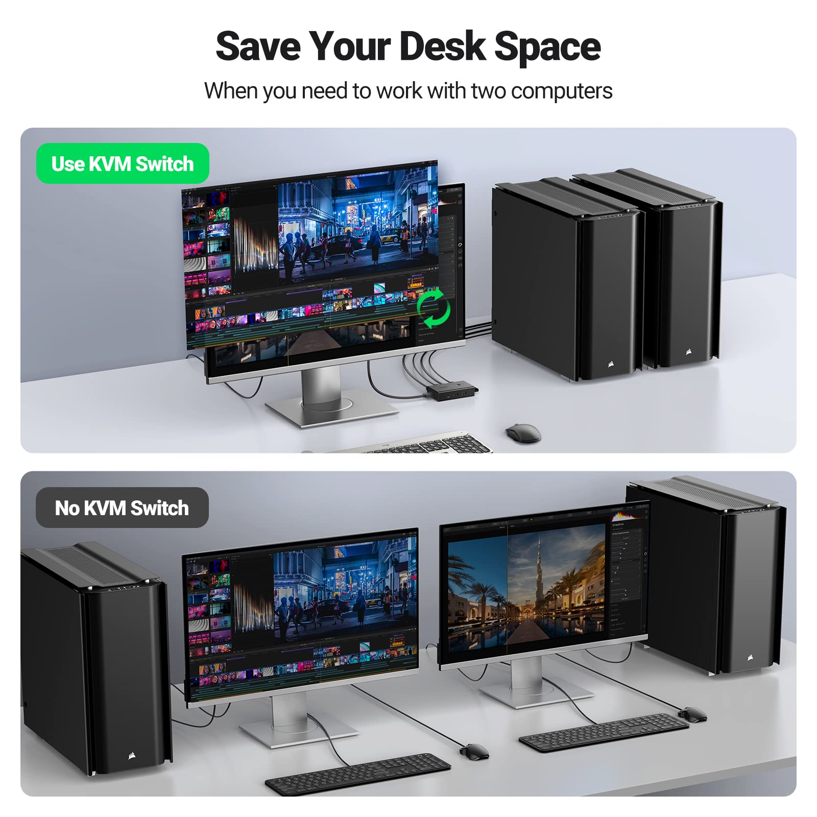 Ugreen Kvm Switch 1 Monitor 2 Computers, Share 4 Usb Ports, Hdmi Kvm Switch For Keyboard Mouse Printer To One Monitor Support 4K