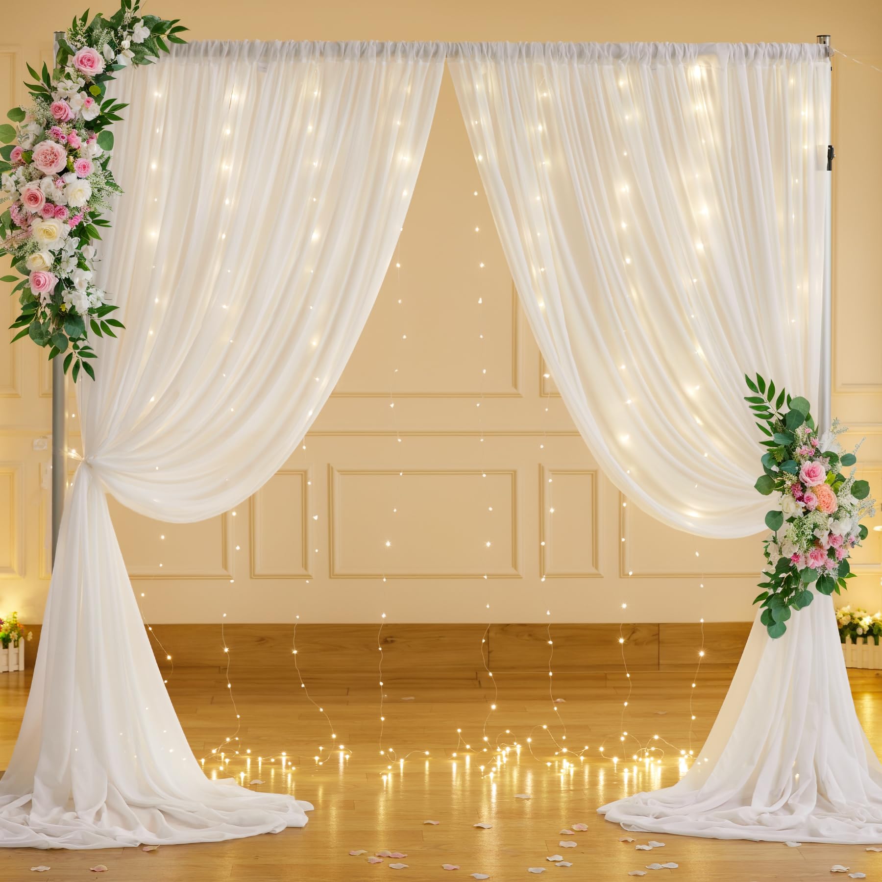 10Ft X 7Ft Cream White Chiffon Backdrop Curtain With Lights String For Parites Wedding Wrinkle Free Curtain Photo Backdrops Drap