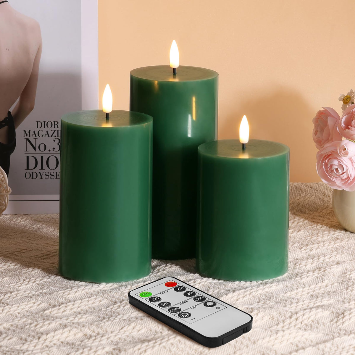 Eywamage Green Flameless Pillar Candles With Remote, Real Wax Flickering Battery Led Candles Set Of 3