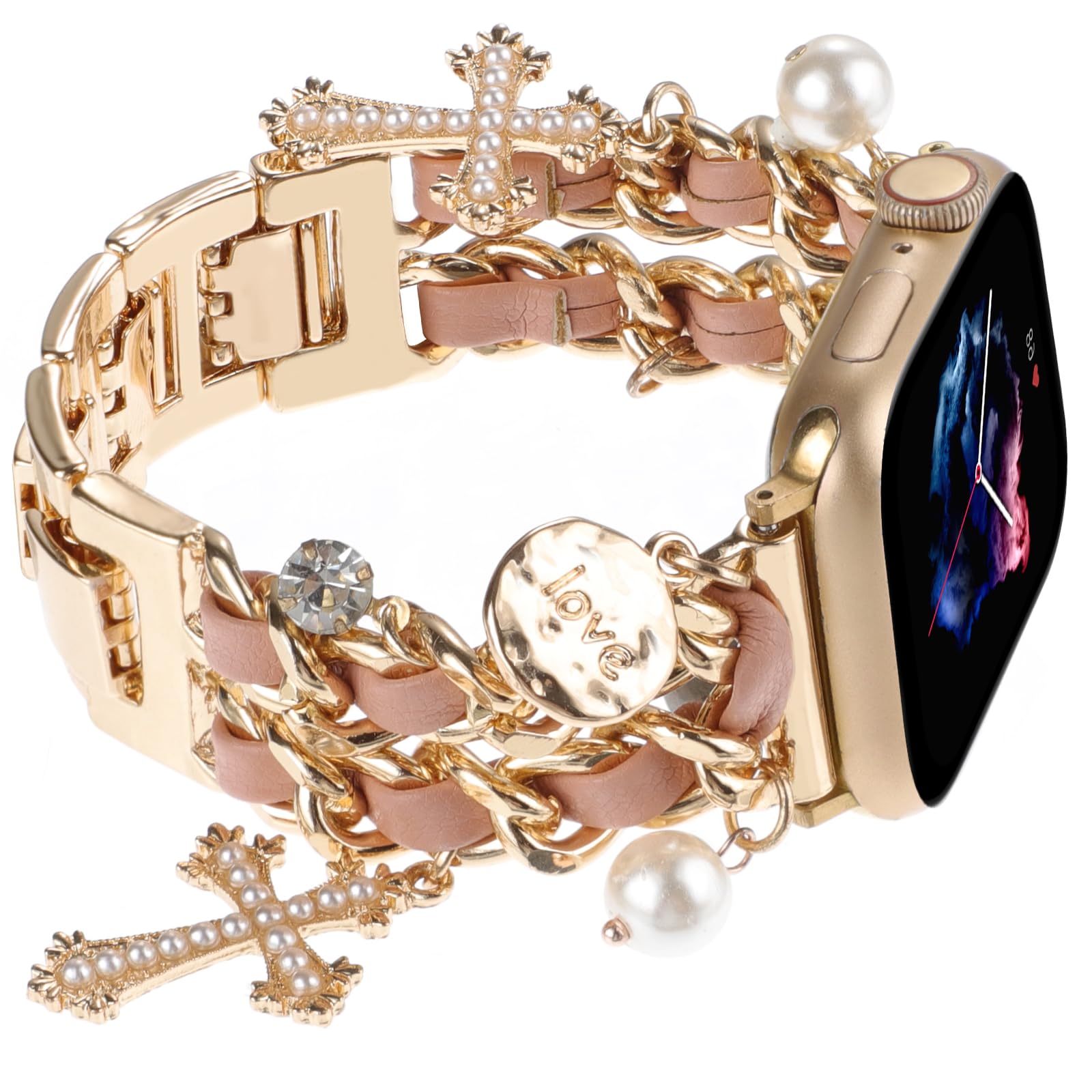 Realsign Stylish Metal Wristband Compatible With Apple Watch Band 42Mm 44Mm 45Mm 46Mm 49Mm,Cuban Chain Bracelet With Cross Pearl