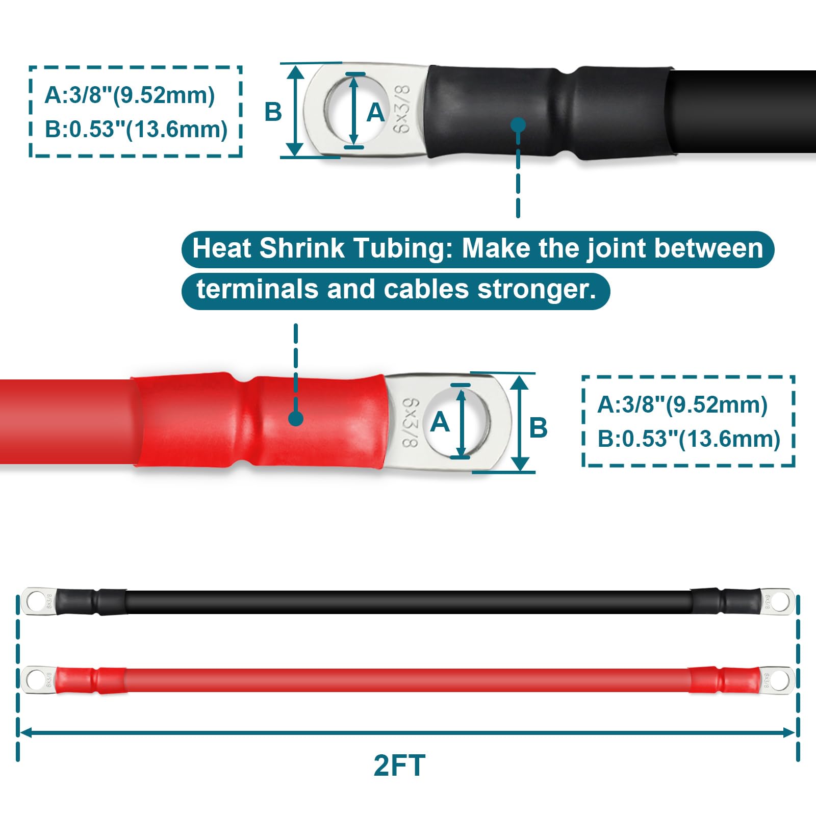 Zonbang 6 Awg Battery Cable With 3/8 Inch Terminals, Copper Battery Inverter Cables For Car Rv Automotive Solar, 2Ft(2 Pack)