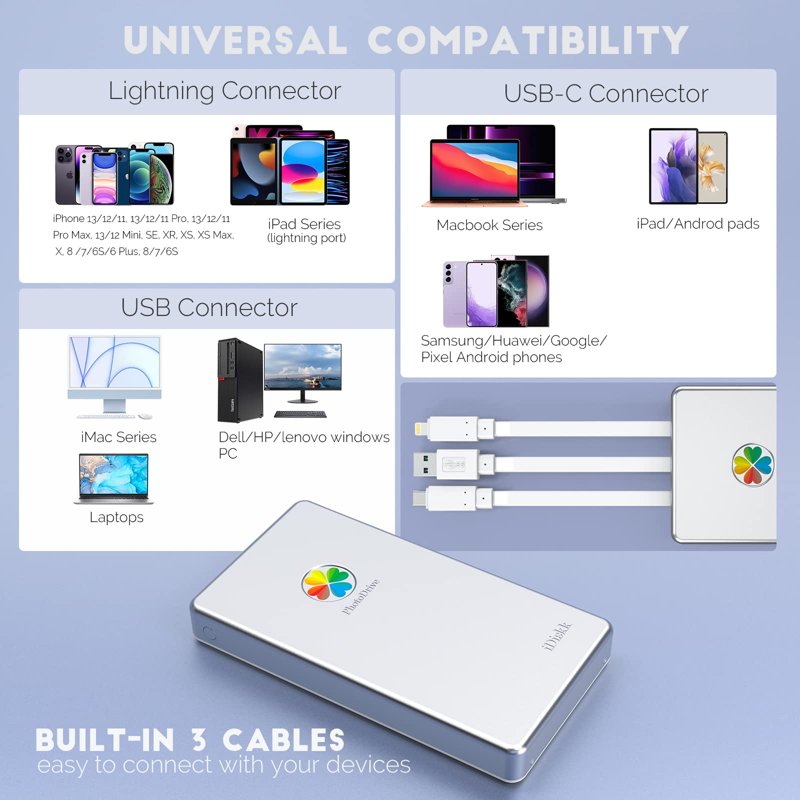 Idiskk 2Tb App Le Certified External Hard Drive For Iphone 16,15 & Ipad Android Mobile 2Tb Photo Stick,Macbook And Pc, Photo Storage Phone Drive To Bacukp Photos/Videos,Files For Iphone14/13/12/11/X