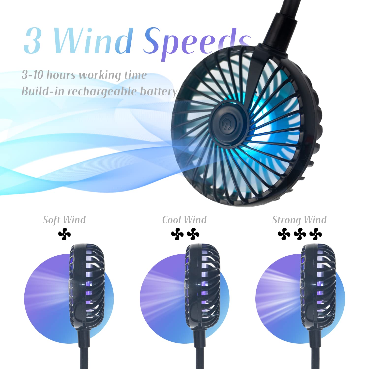 Vagau Portable Cooling Neck Fan, Rechargeable Usb Personal Neck Fan With Colorful Led Lights, 360 Rotation, Wearable Neck Fan Ai