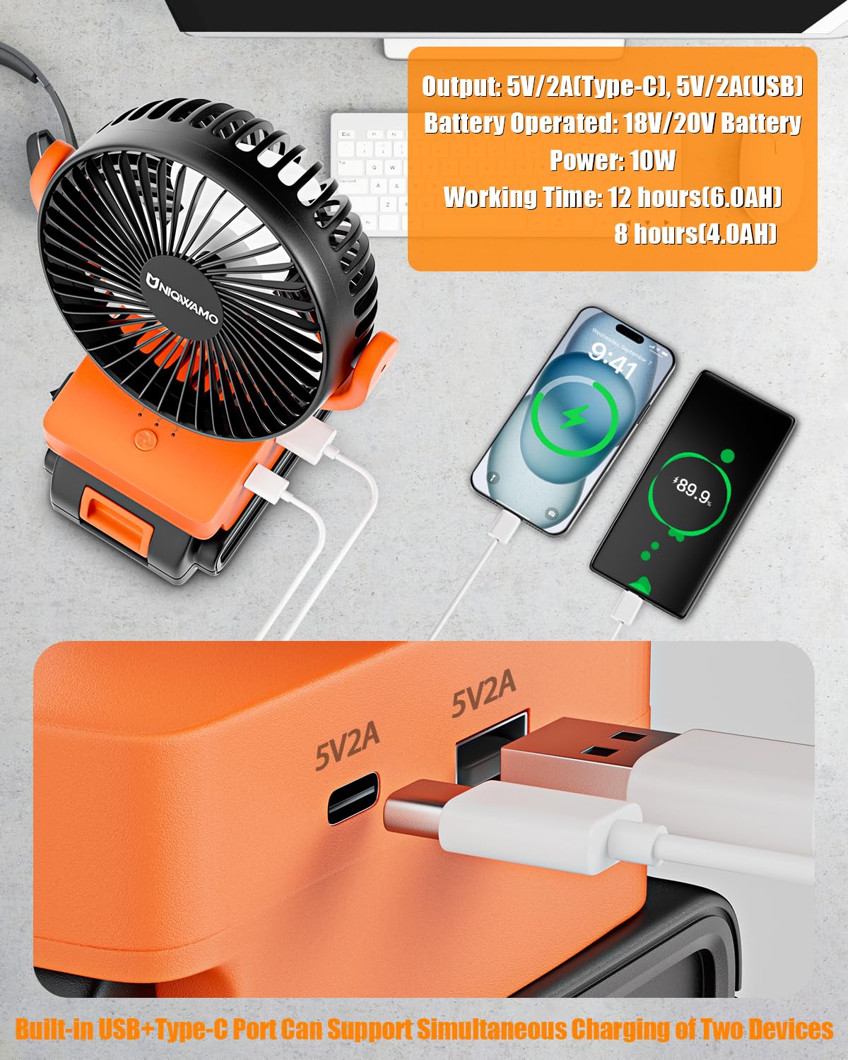 Rechargeable Jobsite Fan For Black & Decker/Porter Cable 20V Max Battery(Only Fan,No Battry), Portable Cordless Fan With 3 Speed