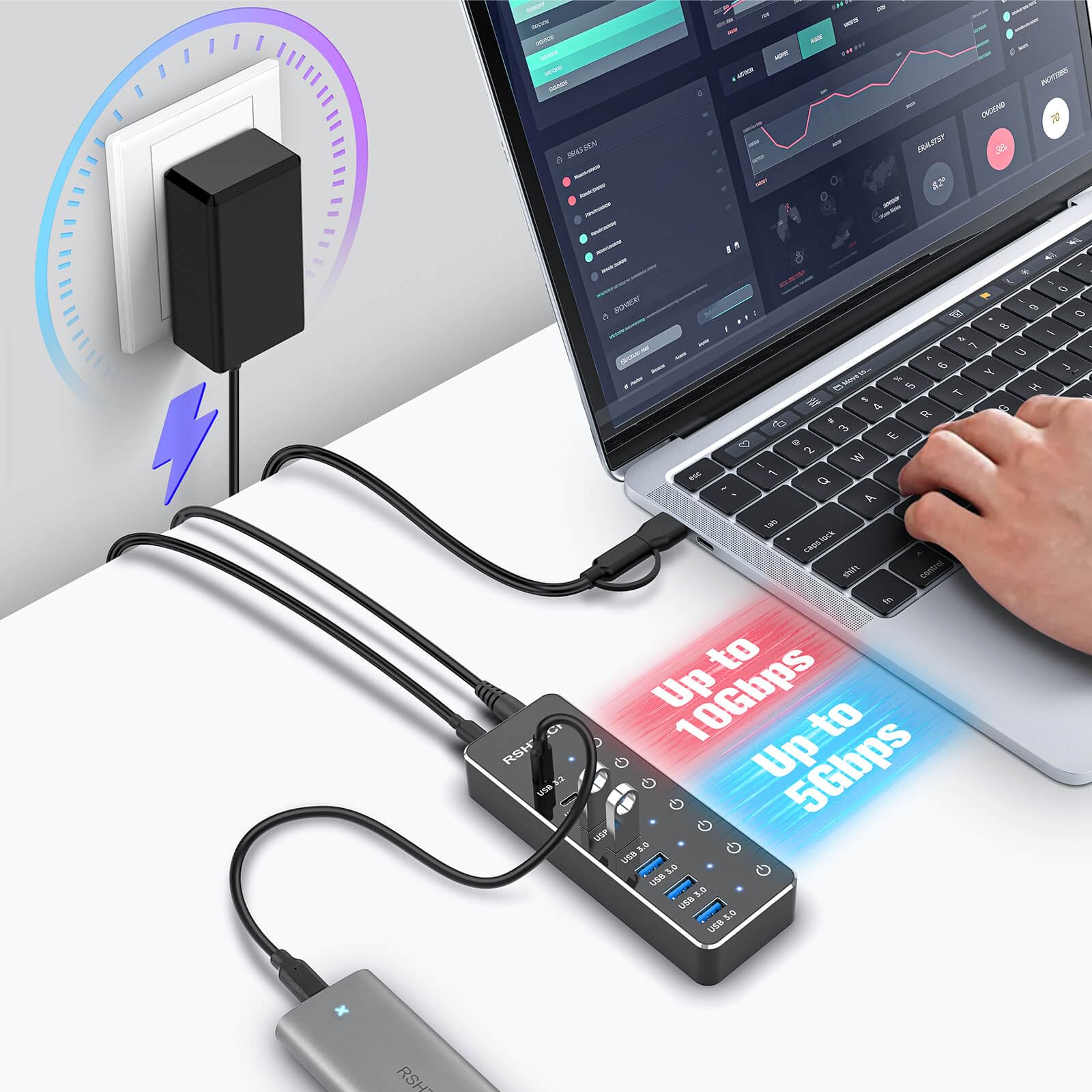 Rshtech 7 Port Powered Usb 3.2/Usb C Hub With 10Gbps Usb A 3.2, 2 Usb C 3.2, 4 Usb 3.0 Ports, Individual Touch Switches, 3.3Ft C