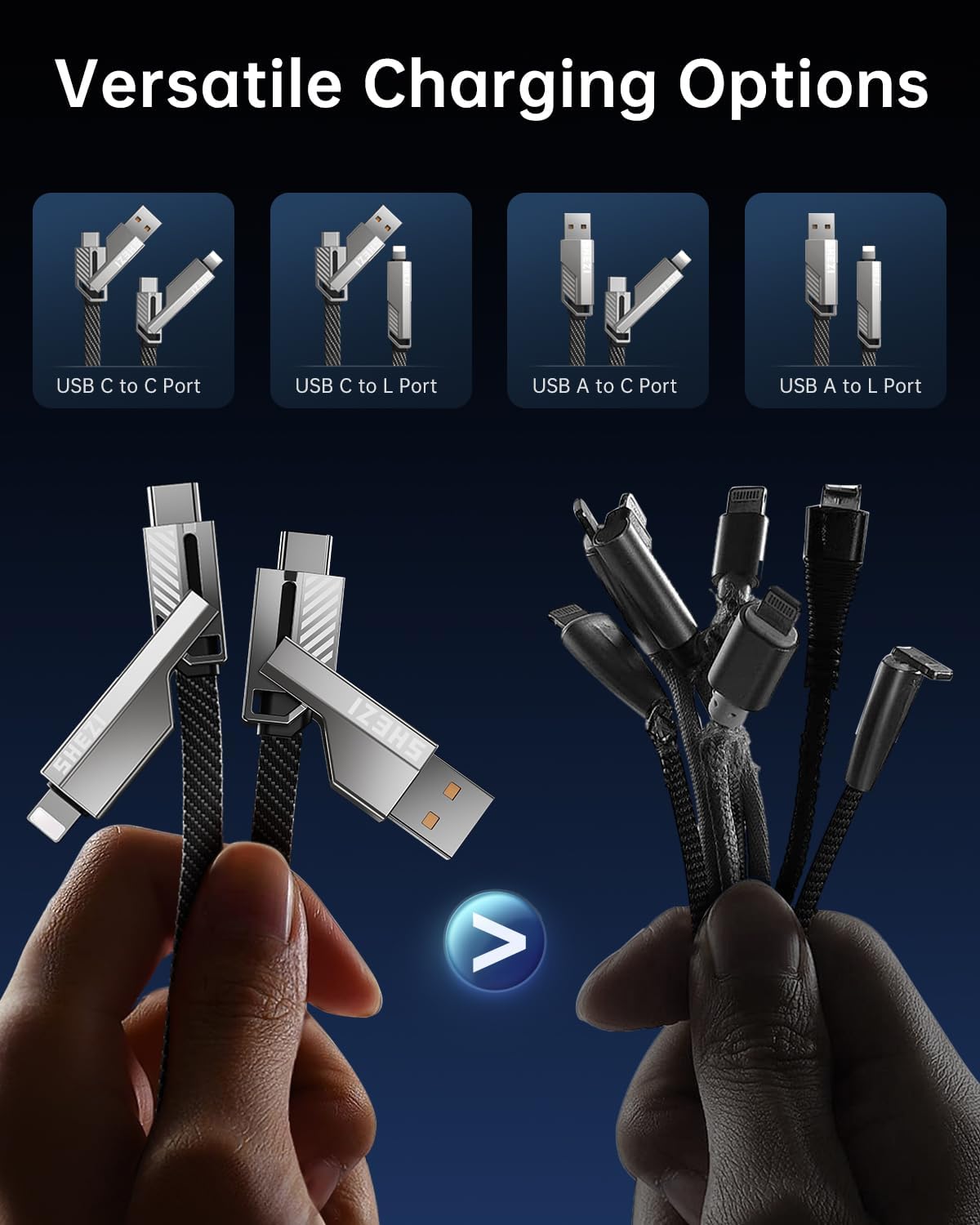 Jixivor 4-in-1 Universal Charging Cable 60W Fast Data Transfer CarPlay Android Auto Zinc Alloy Grey 5FT
