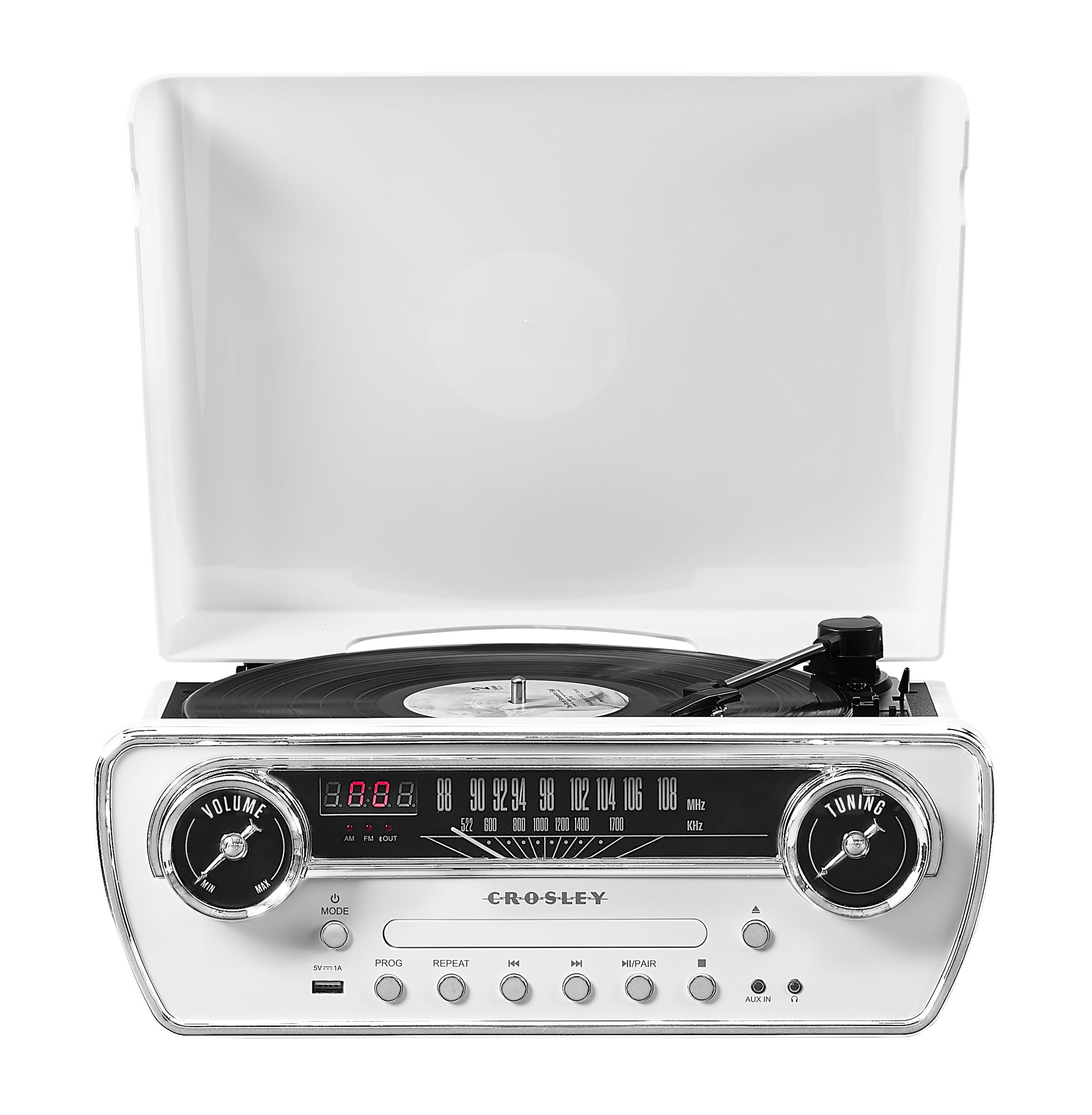 Crosley CR6047A-WH Powel 7-in-1 Bluetooth in/Out Vinyl Record Player with AM/FM Radio, CD Player, and Aux-in, White