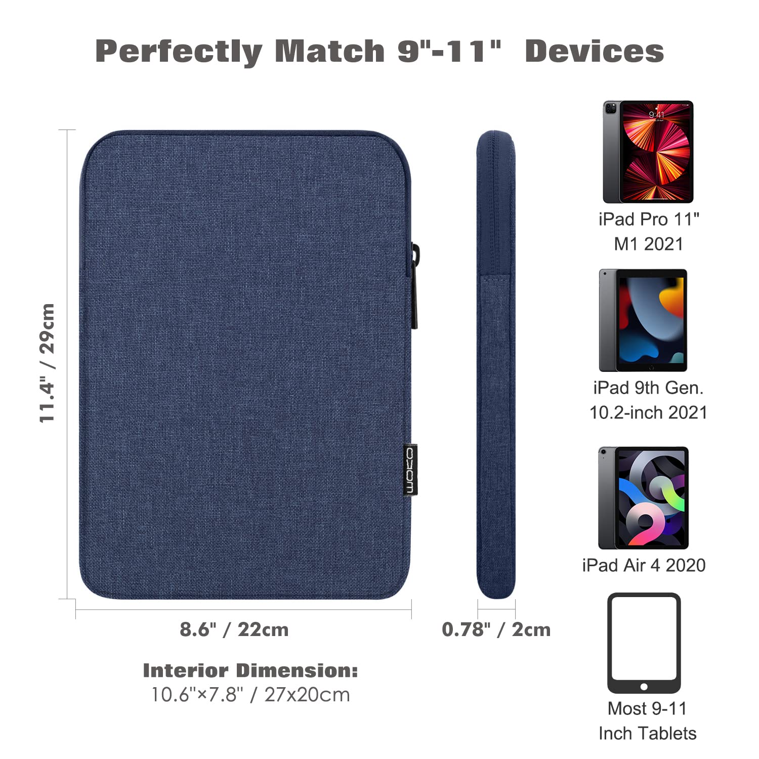 MoKo 9 11 Inch Tablet Sleeve Bag Carrying Case Fits New 11 inch iPad Pro M4/iPad Air M2 2024, iPad Air 5/4/3 10.9'/10.5', iPad Pro 11 M2, iPad 10th 10.9, iPad 9/8th Gen 10.2, Tab S8/S9 11', Navy Blue