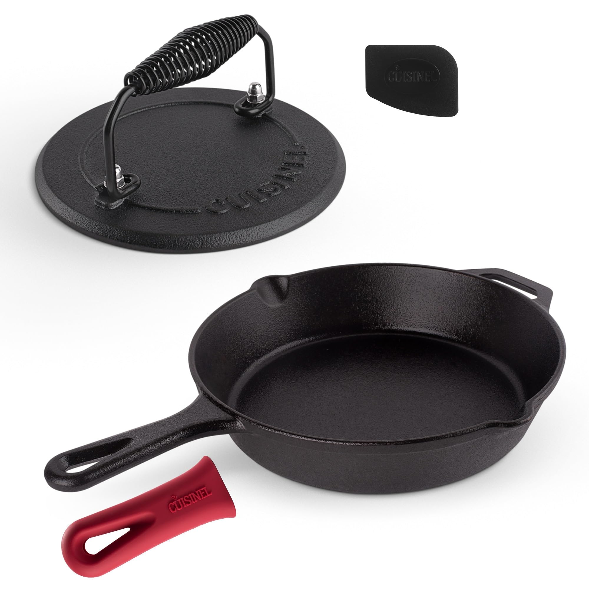 Cuisinel Cast Iron Skillet + Grill Press + Scraper Set - 10-inch Pre-Seasoned Frying Pan + Silicone Handle Grip - 7 Round Burger