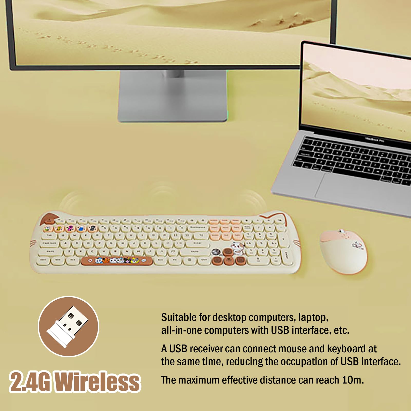 Cute Cat 2.4G Usb Wireless Keyboard And Mouse Combo, Silent Keys, Candy Colors, Compatible With Notebook, Pc (Milktea 110Keys)