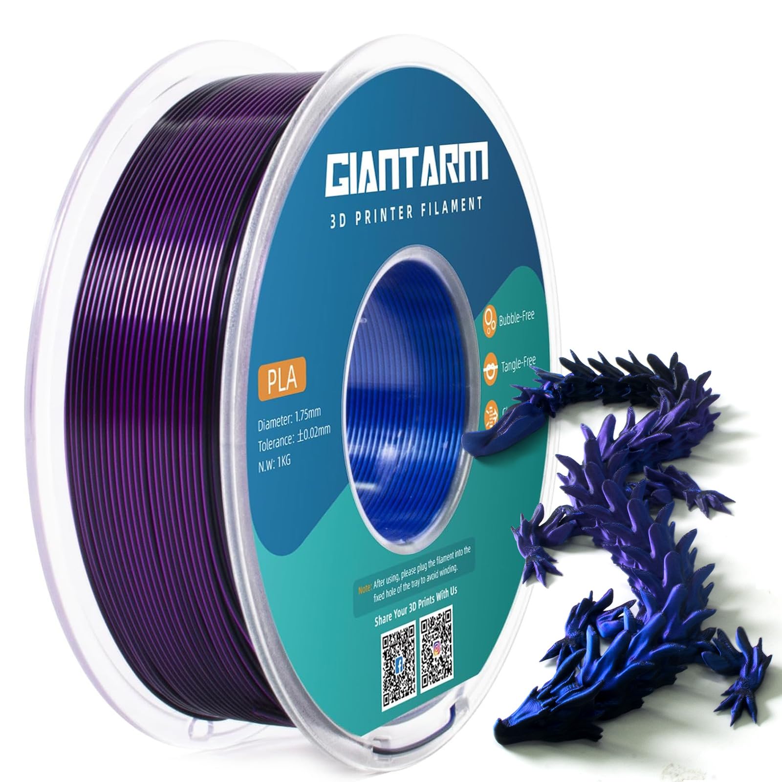 Giantarm Tri Colors, Silk Pla Filament, 3D Printer Filament 1.75Mm +/ 0.02Mm, 1Kg (2.2Lbs) Spool, Vacuum Packaging (Blue+Purple+