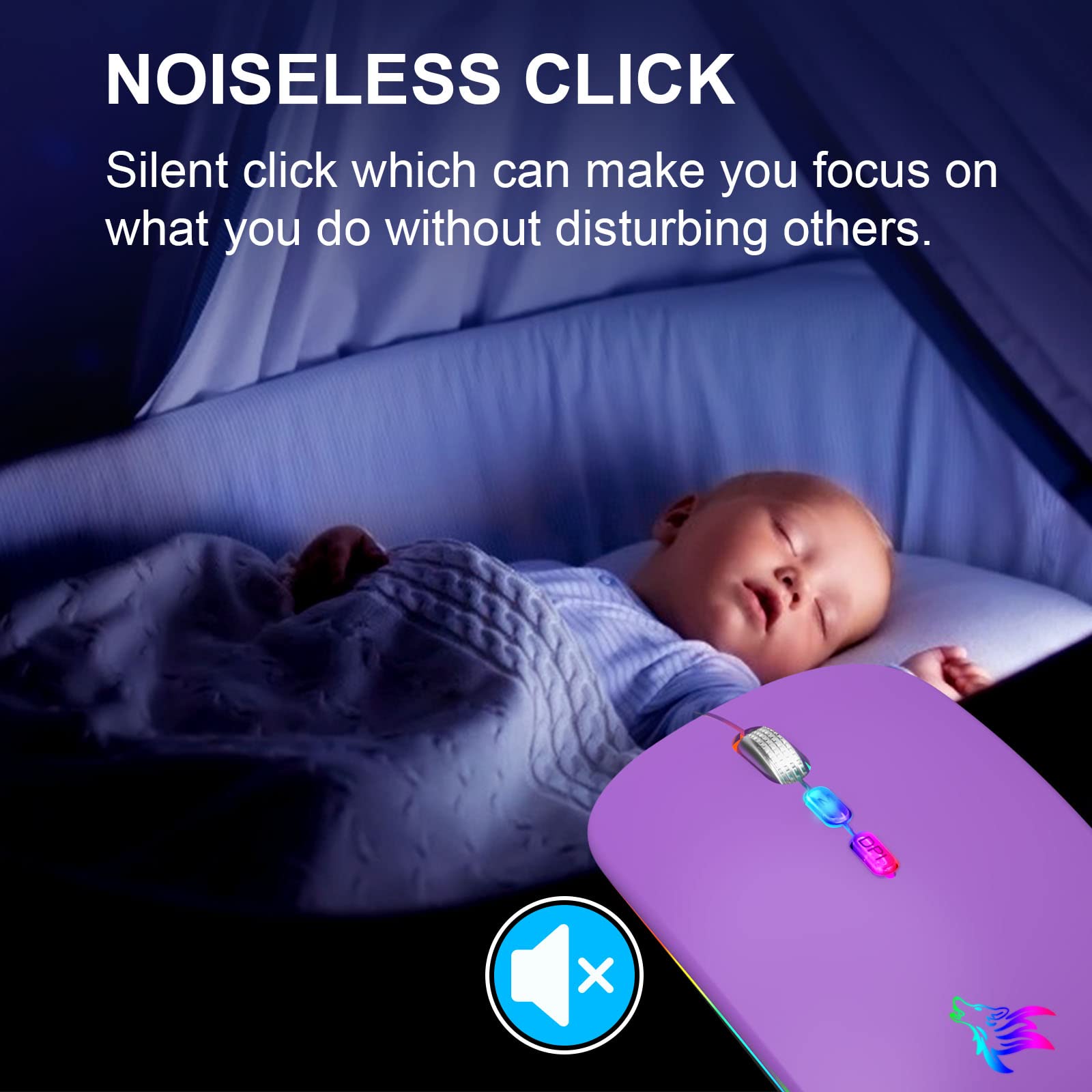 Hotlife Wireless Bluetooth Mouse, Slim Rechargeable Led Mouse, 2.4G Portable Usb Optical Mouse With Type C Adapter, Purple