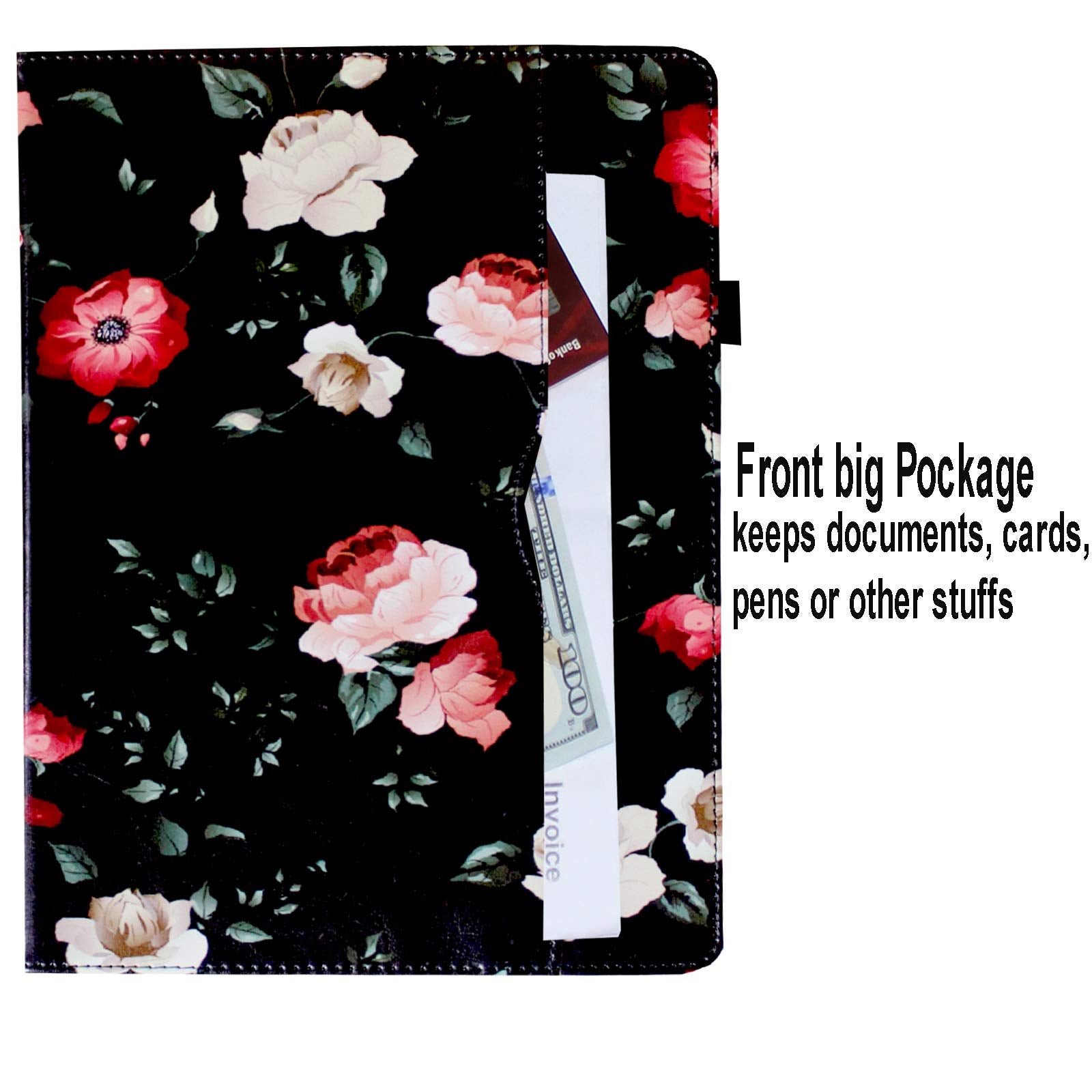 Jytrend Case For Ipad 9.7 (2018) 6Th/(2017) 5Th Generation, Ipad Air 1(2013)/Air 2(2014), 360 Rotating Multi Angle Viewing Stand Smart Cover With Pocket/Pen Holder, Auto Wake Up/Sleep (Black Flower)