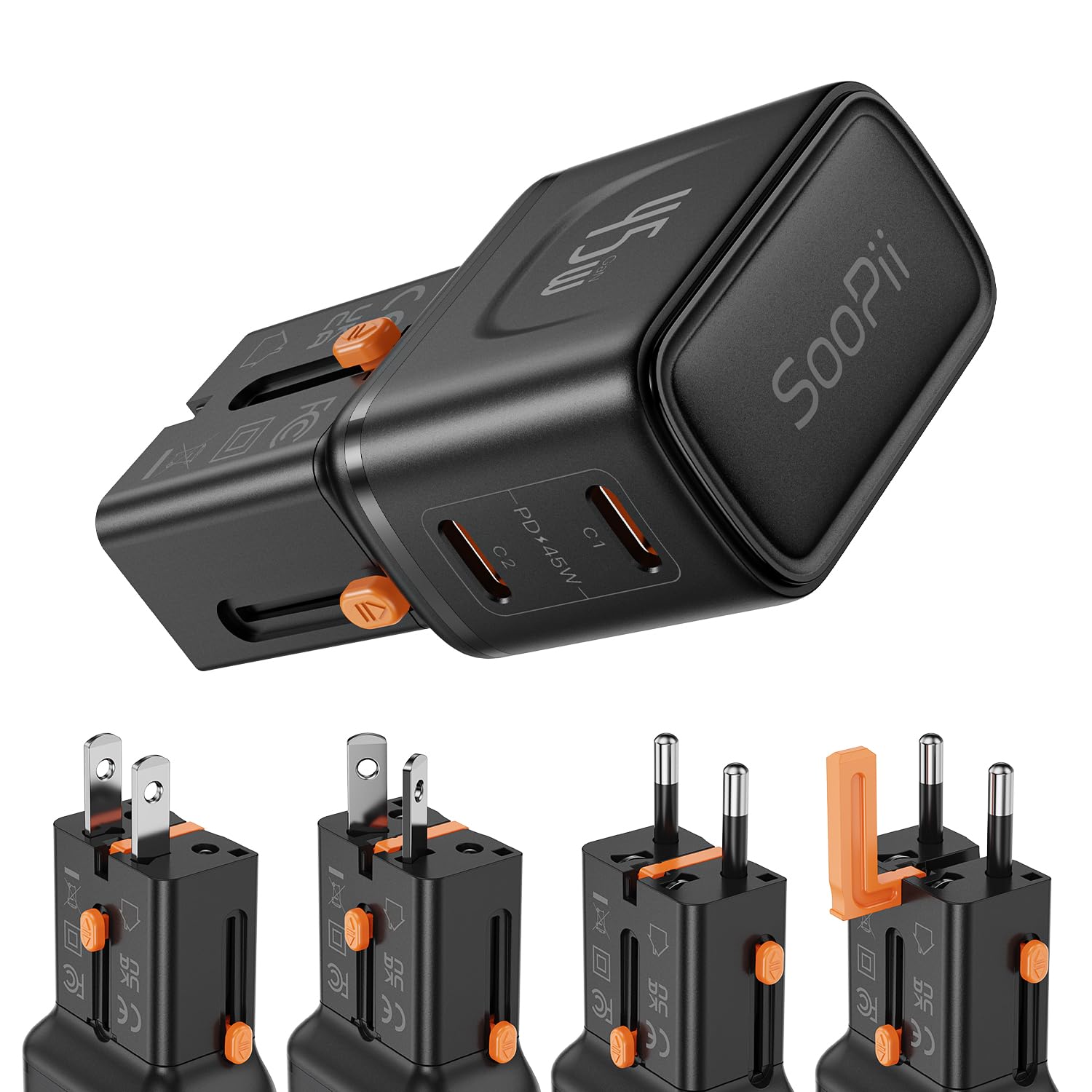 SooPii Gan USB C Charger 45W, 2 Port PD PPS Universal Travel Adapter, All-in-One Travel Charger with US UK EU AU Plug for for Ga