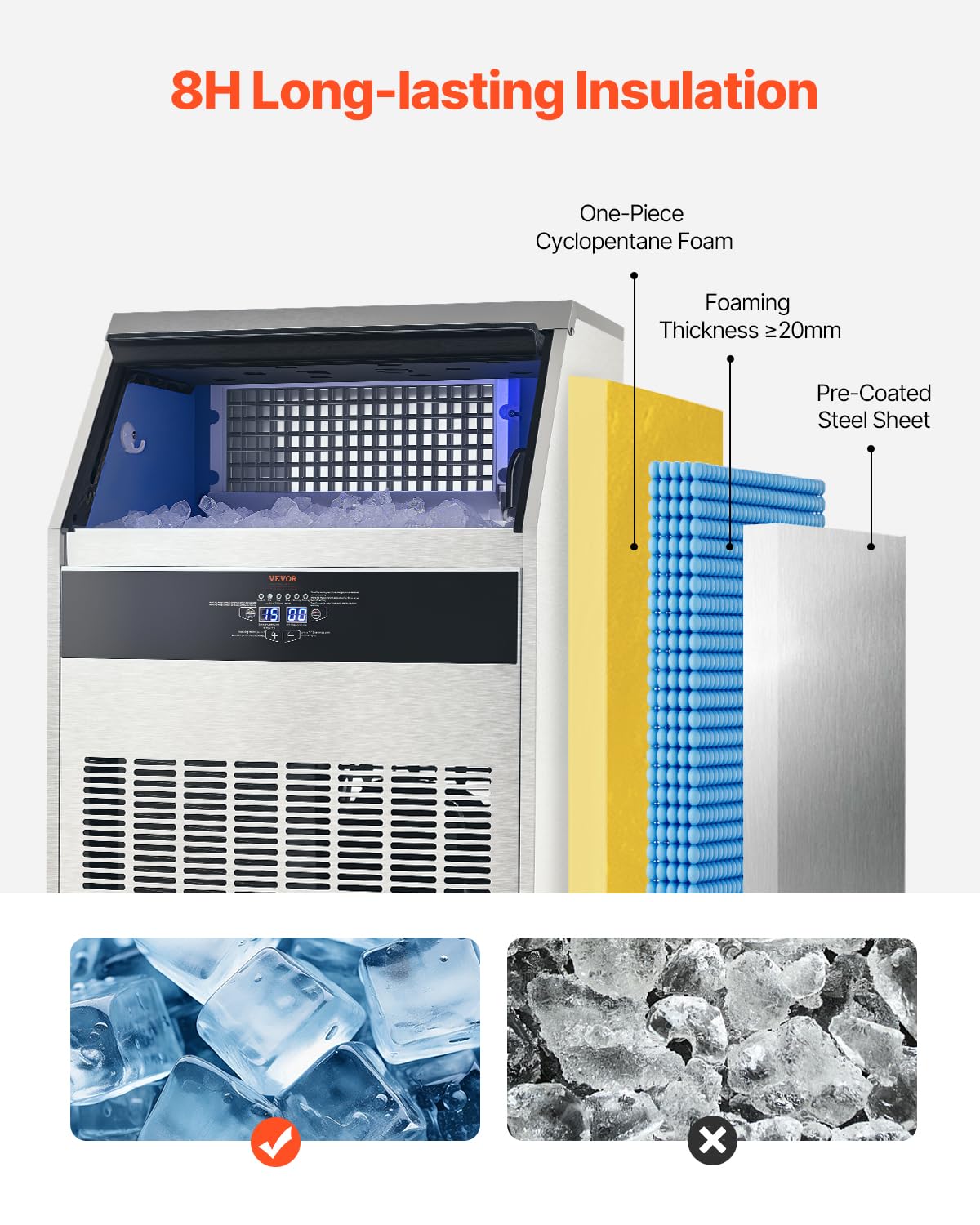 Vevor Commercial Ice Maker Machine, 265Lbs/24H Ice Maker Machine With 88Lbs Storage Capacity, 126 Ice Cubes In 15 Minutes, Led D