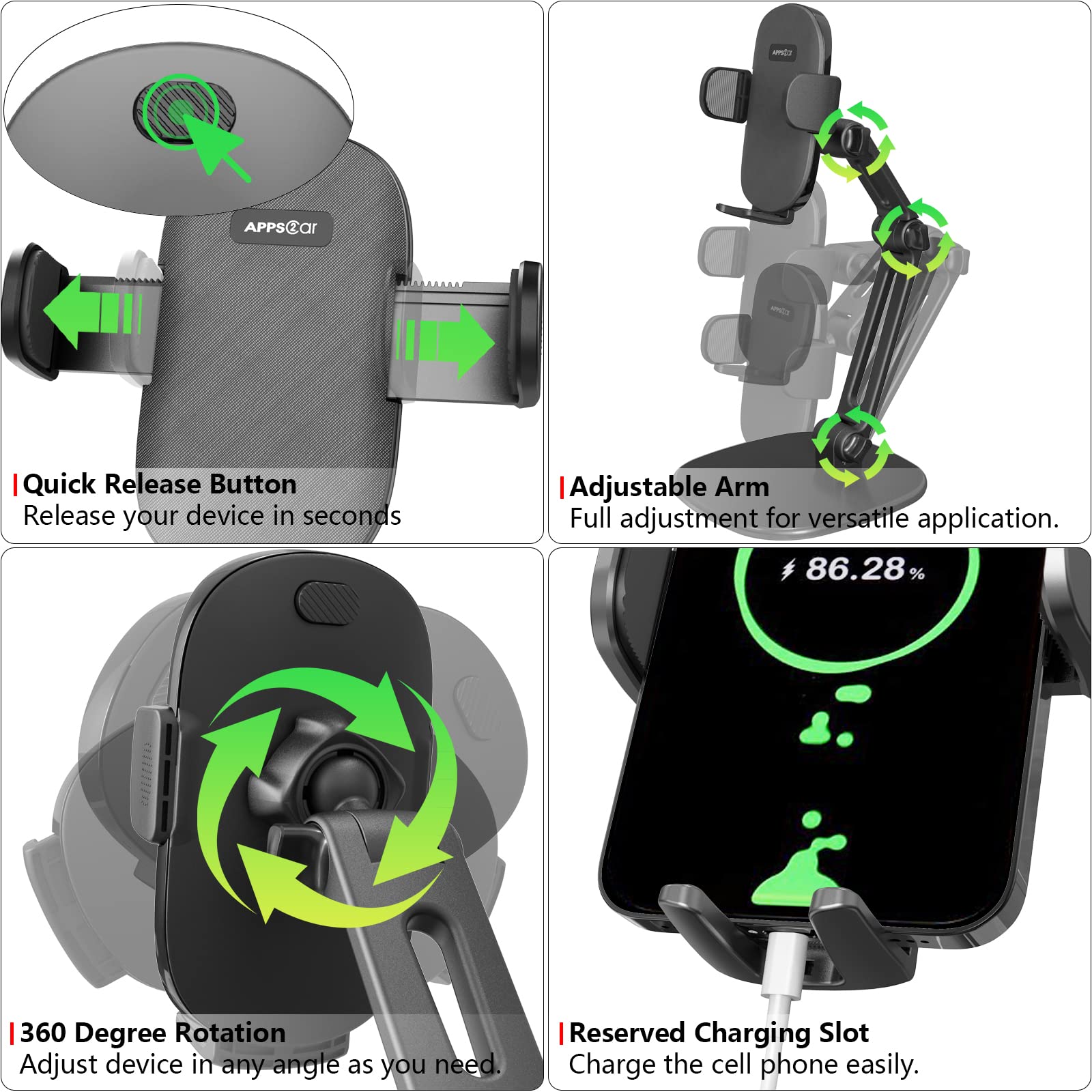 Apps2Car Phone Stand For Desk [No Dropping Stable Triple-Clamp Holder] Adjustable Height 360 Degree Rotation Heavy Base Thick Ca