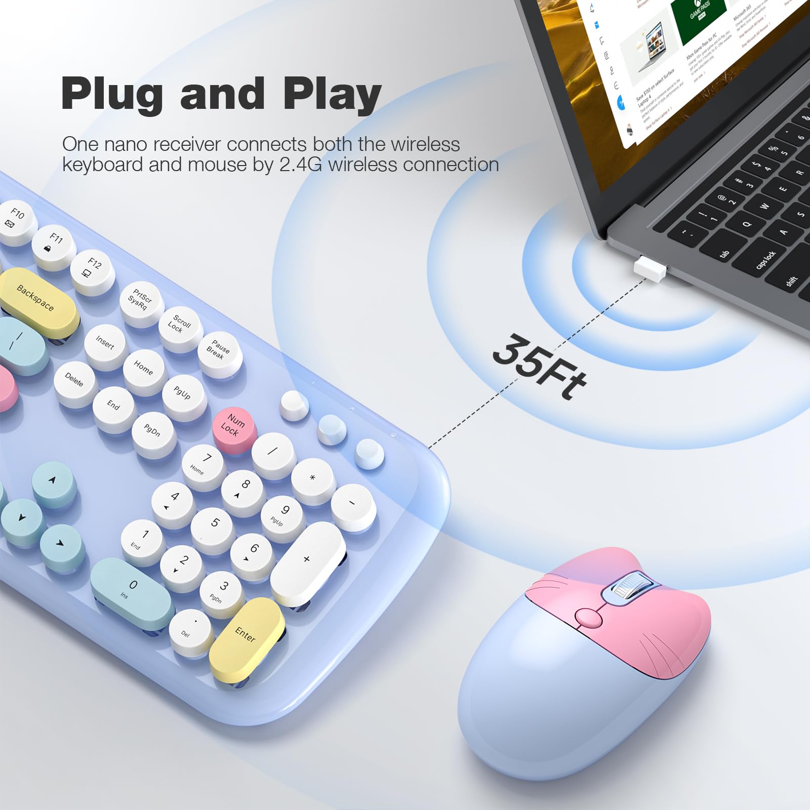 Wireless Keyboard And Mouse Combo, 2.4G Retro Typewriter Wireless Keyboard With Number Pad And Cute Ambidextrous Wireless Mouse