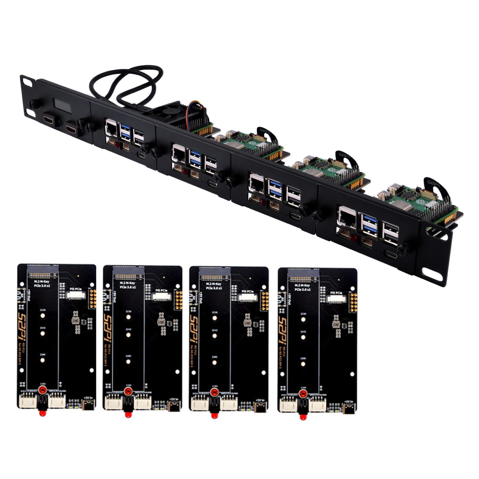GeeekPi 19 inch 1U Rack Mount for Raspberry Pi 5, with 4PCS PCIe to M.2 NVMe SSD Adapters and OLED Display, Compatible with 19 I