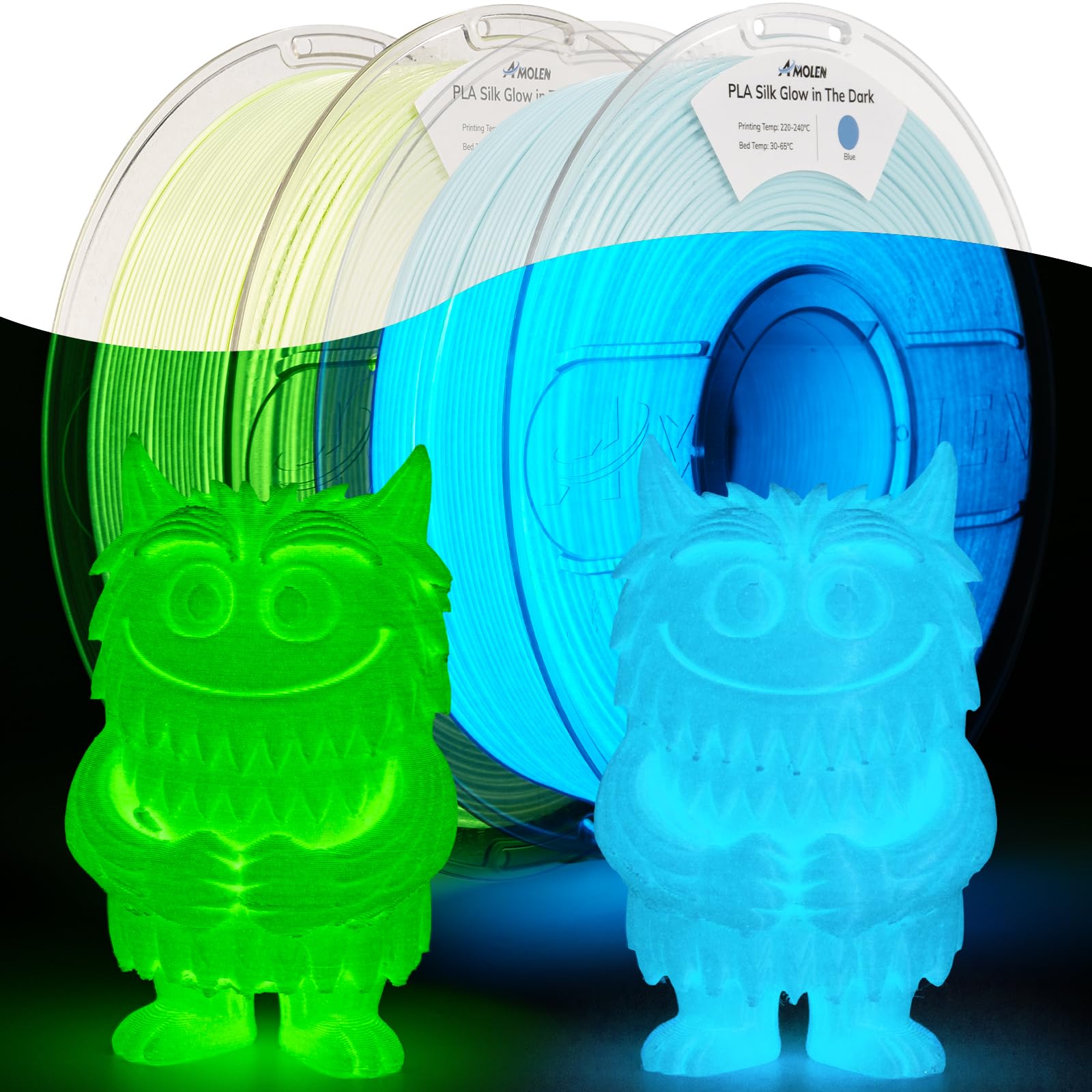 AMOLEN Glow in The Dark Filament Silk Pla, Silk & Glow Blue 2 in 1 Silk Glow Blue& Silk Glow Green, Best with UV Lamps, Dimensio