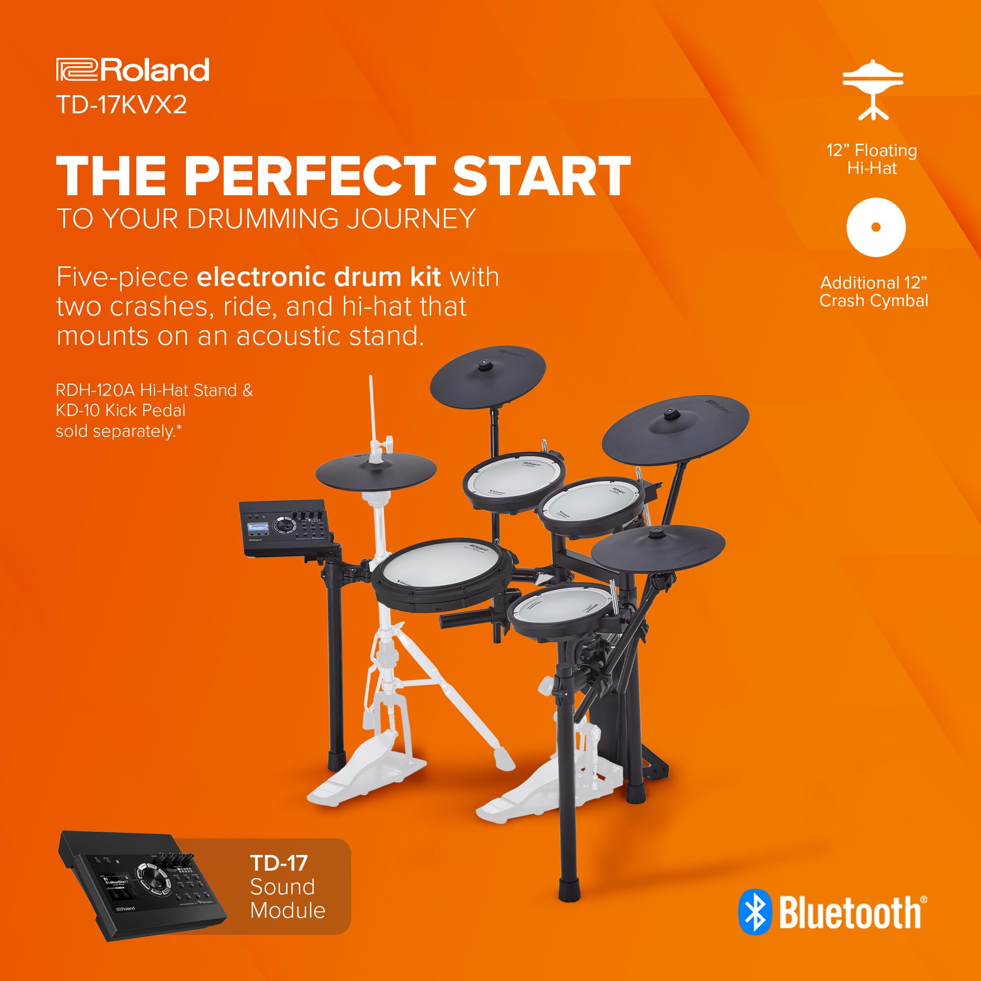 Roland V Quiet 5 Piece Electronic Crashes, Ride & Hi Hat Mounted On Acoustic Stand Td 17Kvx2 Ultimate Generation 2 Drums Kit