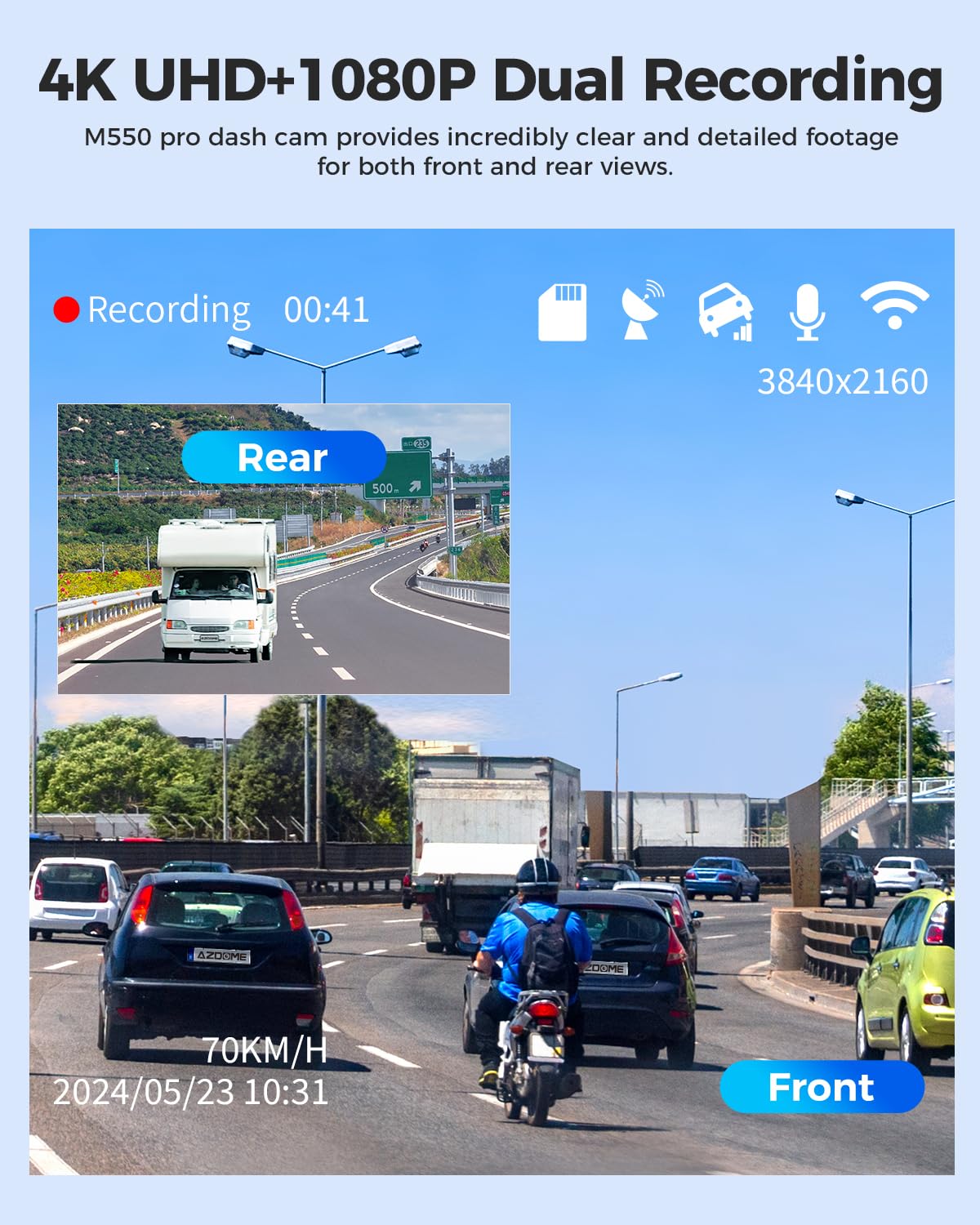 Azdome M550 Pro 4K Dash Cam Front And Rear, Free 64Gb Card, 5Ghz Wi Fi Gps Car Camera, 3.18'' Ips Screen Dashcam, App Control 15