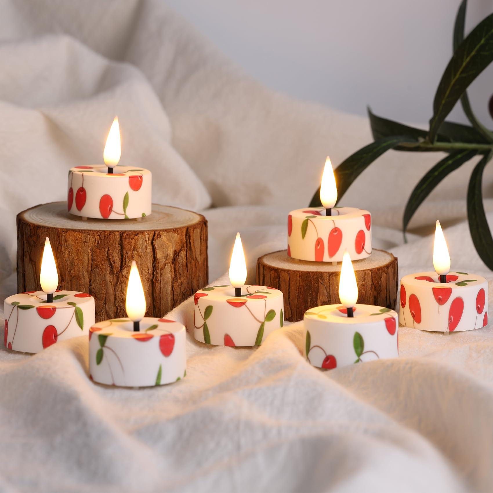 Eywamage Red Cherry Flameless Tealights With Remote Batteries, Flickering Plastic Led Tea Votive Candles Set Of 12