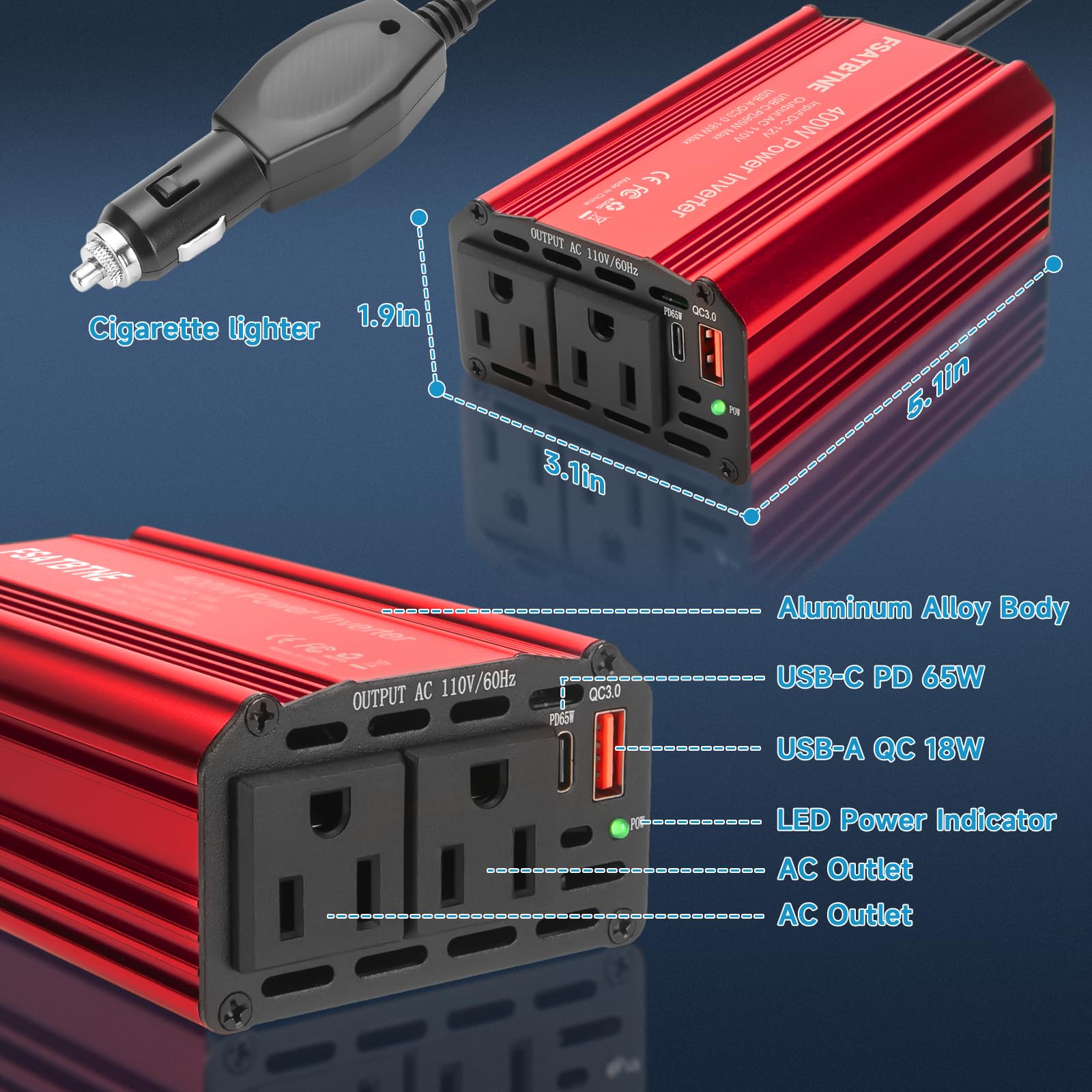 400W Power Inverter, Fsatbtne Dc 12V To 110V Ac Car Plug Adapter Outlet Converter With [65W Pd Usb C] & [18W Qc Usb A] Fast Char