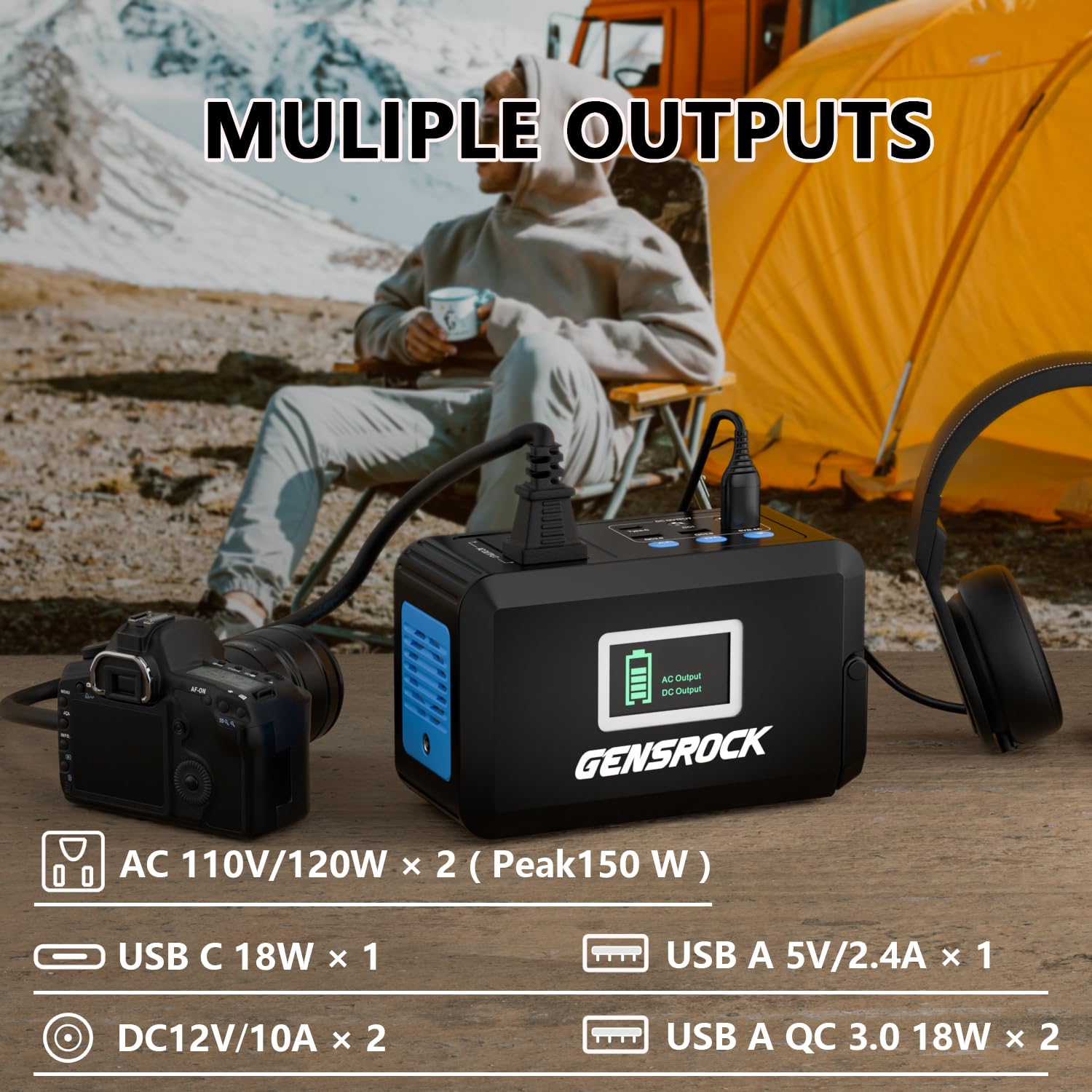 Gensrock Portable Power Station, 88Wh Camping Solar Generator, Lithium Battery Power Bank With 2 110V/150W Peak Ac Outlet, Qc 3.