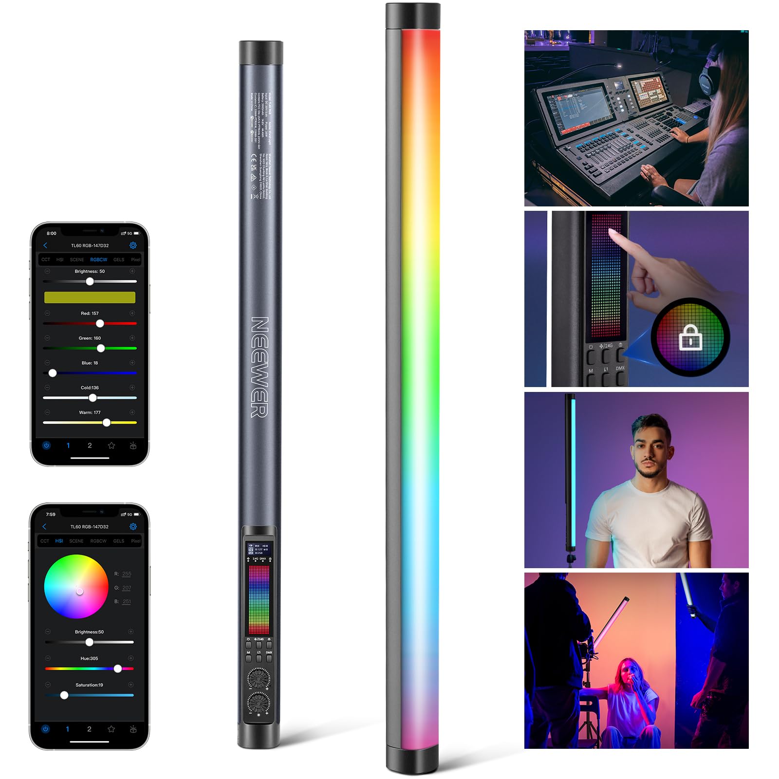 Neewer Tl60 Rgb Tube Light, Full Color Rgbww Photography Handheld Led Video Lighting Wand Stick Supports App/2.4G/Dmx Control, 7