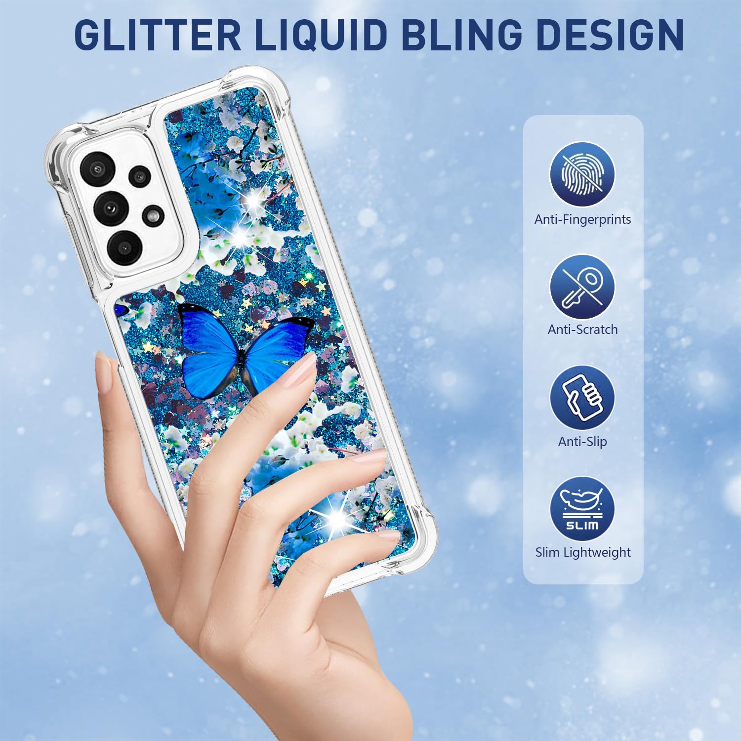 Caiyunl For Samsung Galaxy A23 5G Case With Screen Protector, Women Girls Cute Glitter Bling Liquid Sparkle Floating Phone Case,